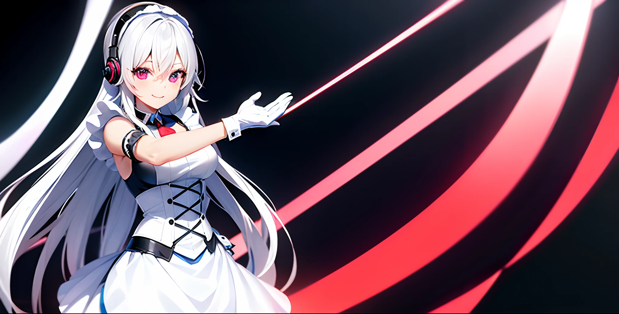 (Happy eyes: 1.8) (The left eye is blue: 1.5)(The right eye is red: 1.5) (Looking forward: 1.5) Anime character in black and white costume and headphones, anime girls in maid costumes, Cool 3D Anime Girl Rendering, anime girls in maid costumes, maid clothes, gorgeous maid, white haired god, Blue and Red Odd-Eye, White the_gloves