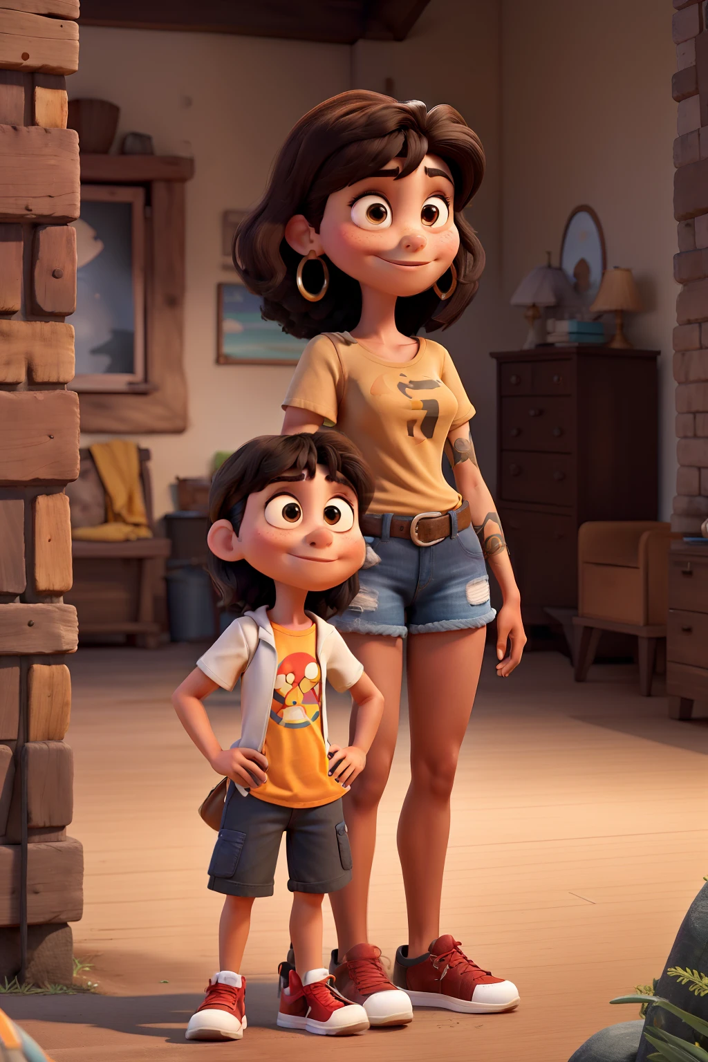 create a pixar-style poster, a couple, a thin, short woman, dark brown hair, shoulder length with Cleopatra-style bangs, wearing a short black dress, a very tall and strong man, light brown hair, long shaved on the sides, Viking style , black t-shirt, denim shorts, black and red high-top sneakers, with tattoos on the arms and legs