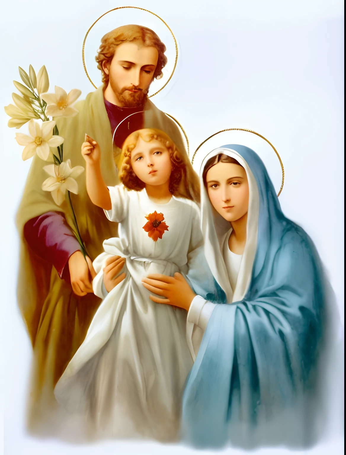 a painting of a man and a woman with a child and a flower, Com o Menino Jesus, 3 Maria, Holy, catholic religious art, Virgem Maria, catholic icon, Catholic, holy themed, roman catholic icon, imagens sagradas, santo e belo, Directed by: Johann Friedrich Overbeck, iconografia religiosa, queen of heaven, pintura religiosa, arte sacra, Trindade, Happy family