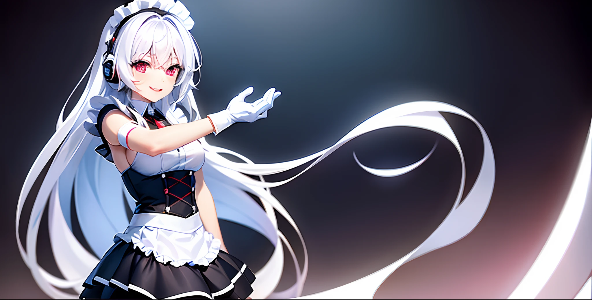 (Happy eyes: 1.8) (The left eye is blue: 1.5)(The right eye is red: 1.5) (Looking forward: 1.5) Anime character in black and white costume and headphones, anime girls in maid costumes, Cool 3D Anime Girl Rendering, anime girls in maid costumes, maid clothes, gorgeous maid, white haired god, Blue and Red Odd-Eye, White the_gloves