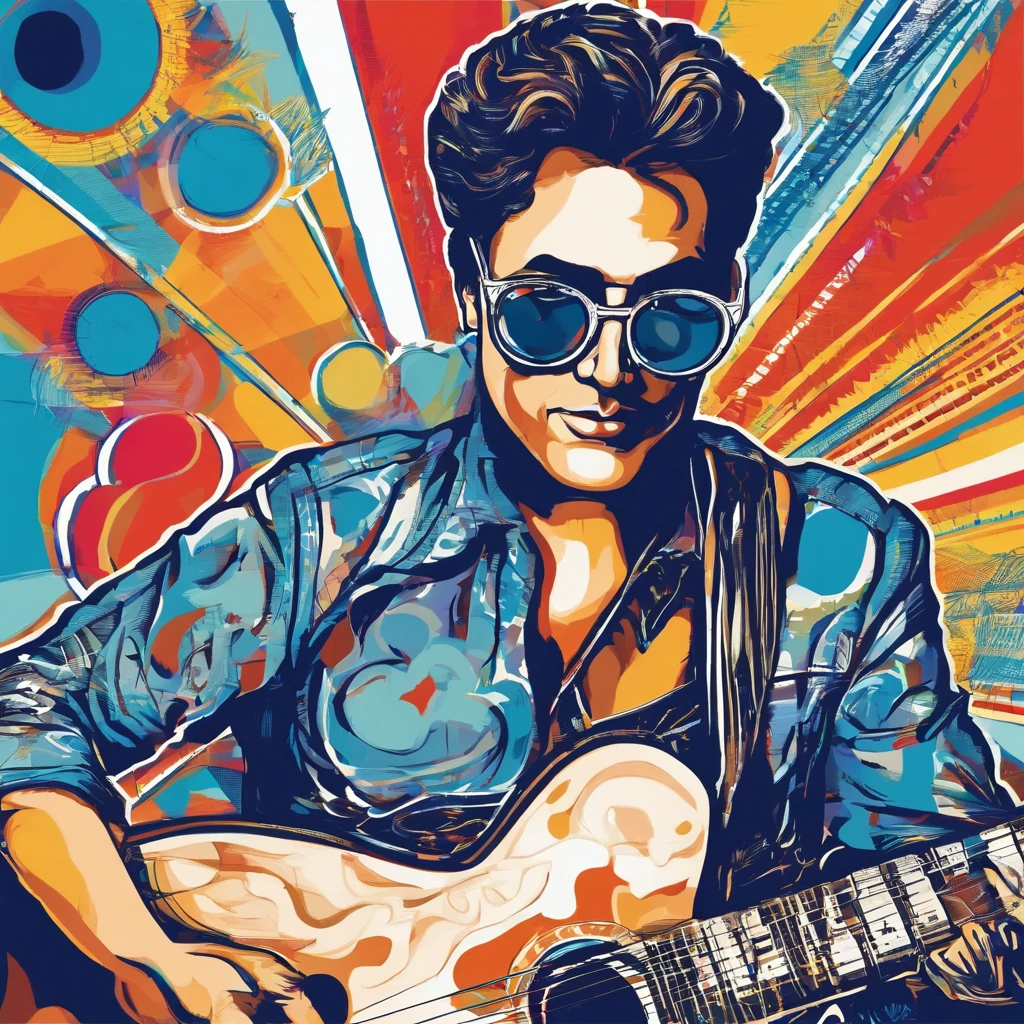 un hombre guitarrista con nariz grande gafas y camisa blanca con azul y azul oscuro, Imagen frontal gordita, staring directly into camera, Foto selfie 8k, con gafas, staring directly into camera, foto realista, staring directly into camera, staring directly into camera, con gafas puestas, Imagen de muy baja calidad, Watching from the camera, Con gafas, about 39 years old, tocando guitarra les paul