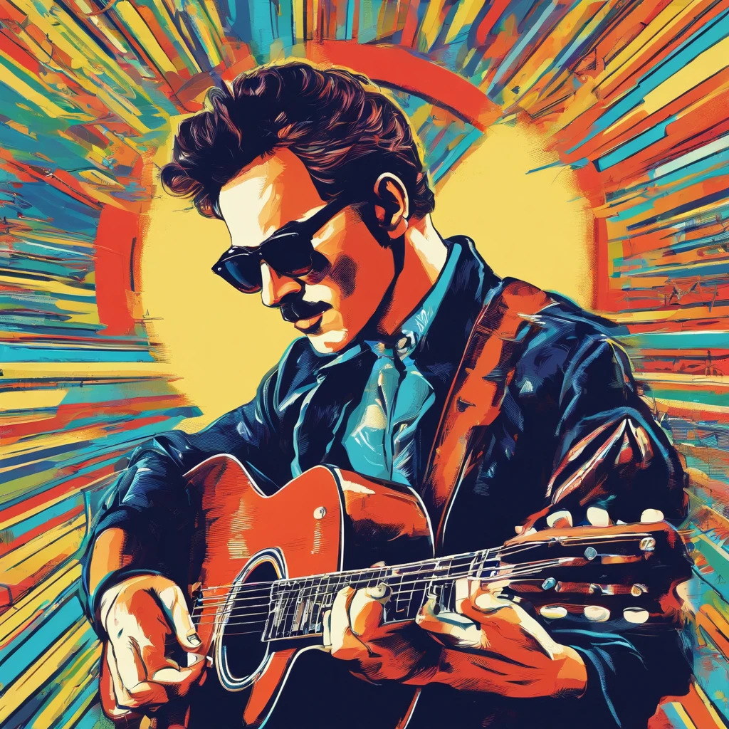 un hombre guitarrista con nariz grande gafas y camisa blanca con azul y azul oscuro, Imagen frontal gordita, staring directly into camera, Foto selfie 8k, con gafas, staring directly into camera, foto realista, staring directly into camera, staring directly into camera, con gafas puestas, Imagen de muy baja calidad, Watching from the camera, Con gafas, about 39 years old, tocando guitarra les paul