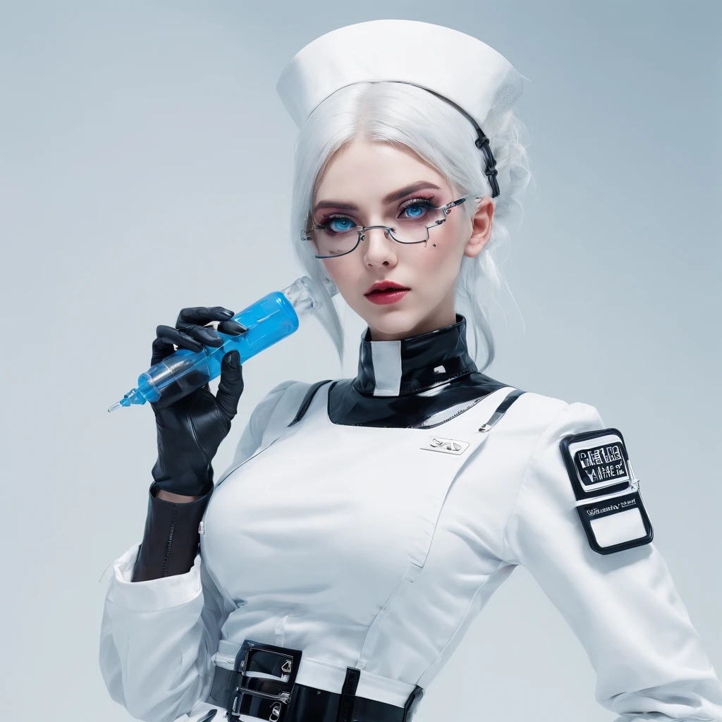 Cyberpunk style ta glasses girl white hair blue eyes tight nurse uniform B cup extrusion dew point white stockings white high heels holding an injection syringe in the hand background in a cyberpunk mechanical hospital full-body angle