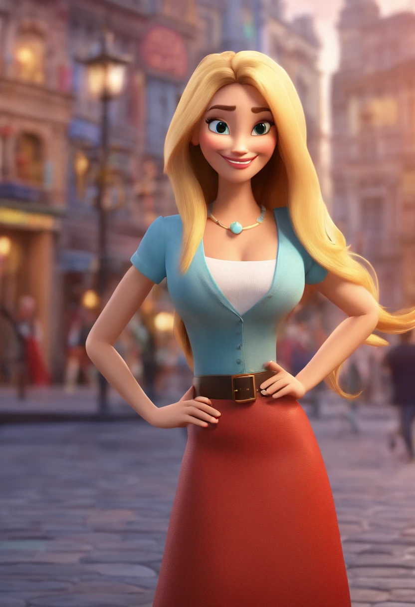 a Disney Pixar style 3D movie poster in high quality with the text "Ola Mulherada" Like a Happy Blonde Woman with Long Hair, blazer, t-shirts and arms crossed. On Background With Many very happy Womans how to one show or presentation teatre