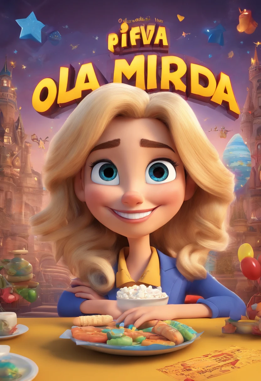 a Disney Pixar style 3D movie poster in high quality with the text "Ola Mulherada" Like a Happy Blonde Woman with Long Hair, blazer, t-shirts and arms crossed. On Background With Many very happy Womans how to one show or presentation teatre