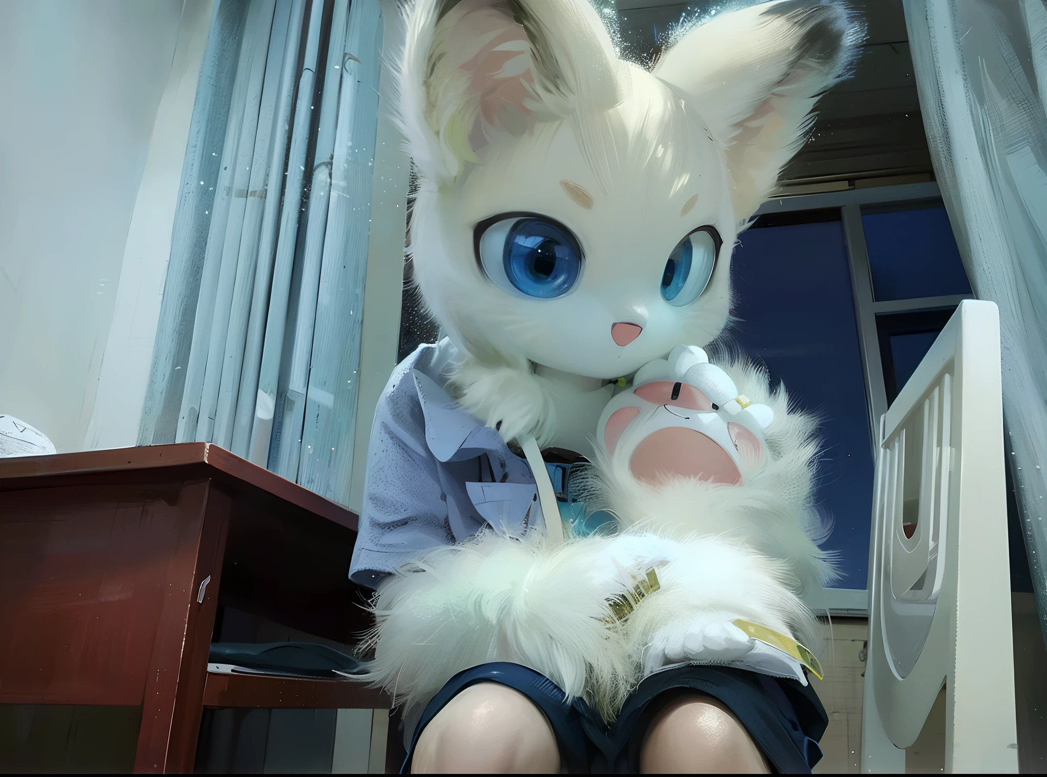 There's a white stuffed animal with blue eyes and a pair of glasses, Fursona!!!!, conjunto de peles!!!!, cauda anexada, 3/4 vista de baixo, Plushes, headshot of young female furry, Macro peludo, conjunto de peles, manchado ultra realista, Fully flexible, fursona peludo, very detailed felt plushie, with a big head，olhos grandes