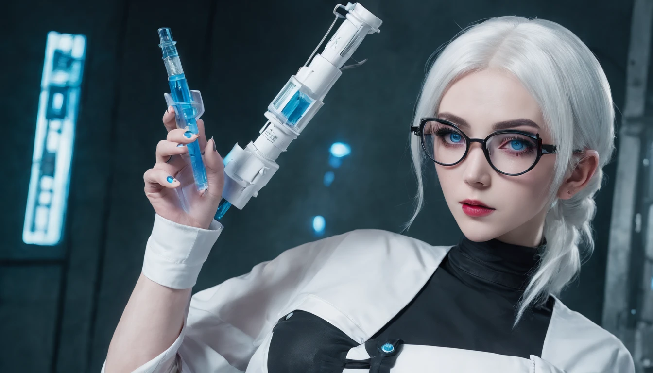 Cyberpunk style ta glasses girl white hair blue eyes tight nurse uniform B cup extrusion dew point white stockings white high heels holding an injection syringe in the hand background in a cyberpunk mechanical hospital full-body angle