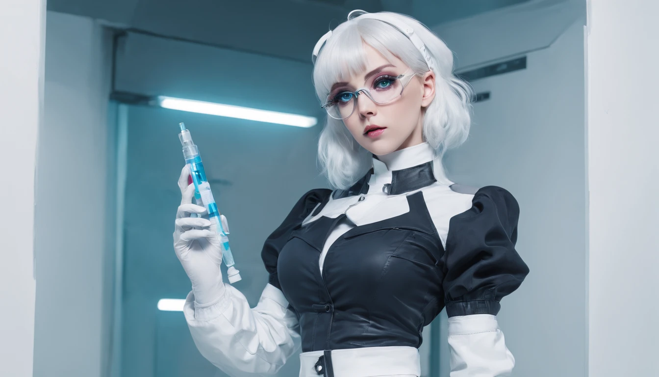 Cyberpunk style lolita glasses girl white hair blue eyes tight nurse uniform B cup extrusion dew point white stockings white high heels holding an injection syringe in the hand background in a cyberpunk mechanical hospital full-body angle