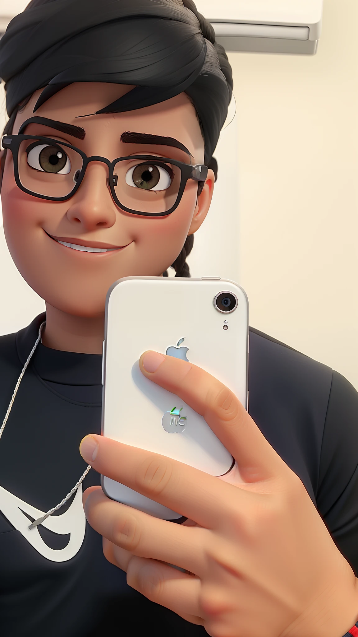 Uma pessoa branca, camisa preta com estampa da nike, corrente, oculos, brinco e segurando um iphone
