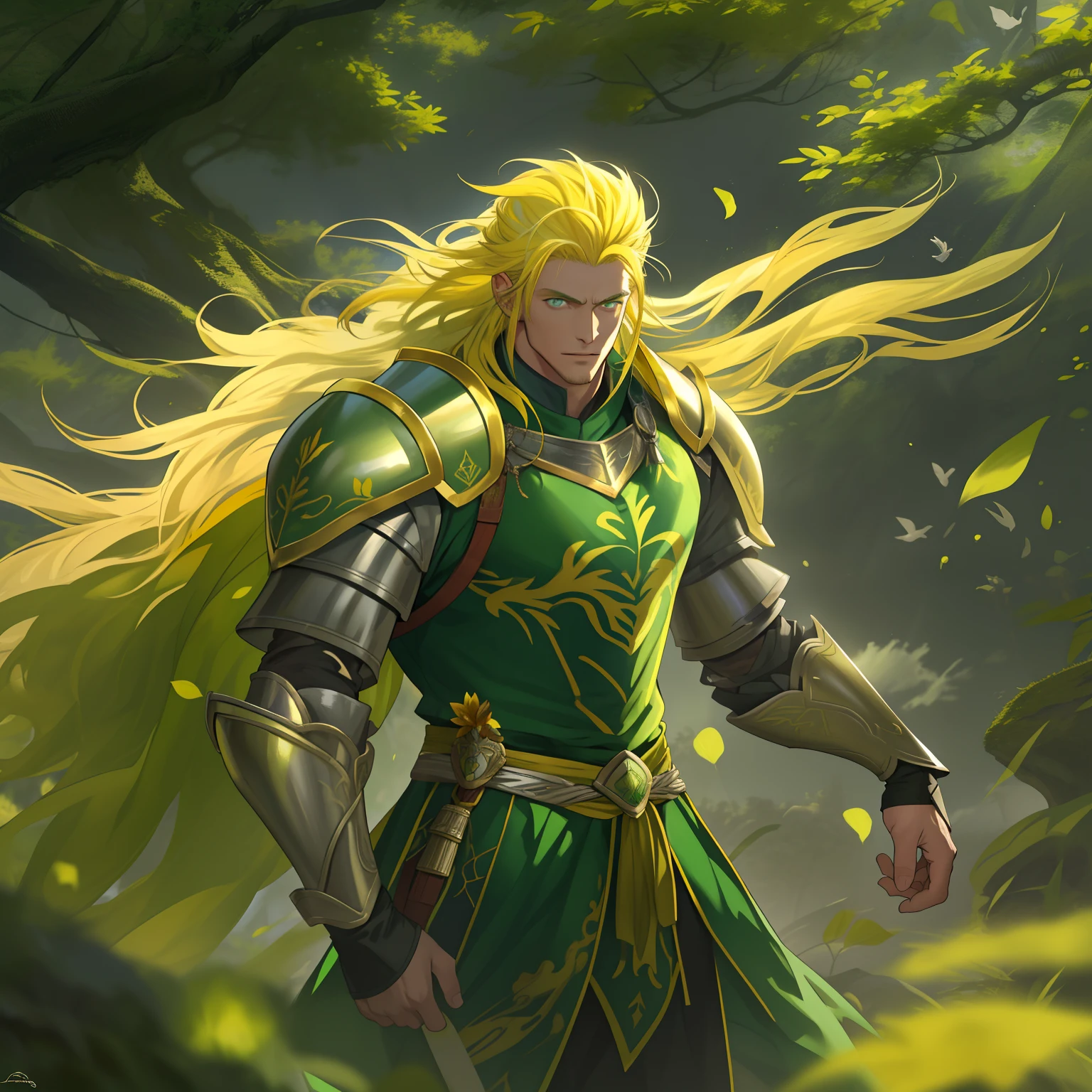 1 god of wind, Handsome male. 6 ft 5 tall man. Yellow hair, full body green armour, clear eyes, in the nature, 8k, masterpiece, high resolution, focused vibes, muscle