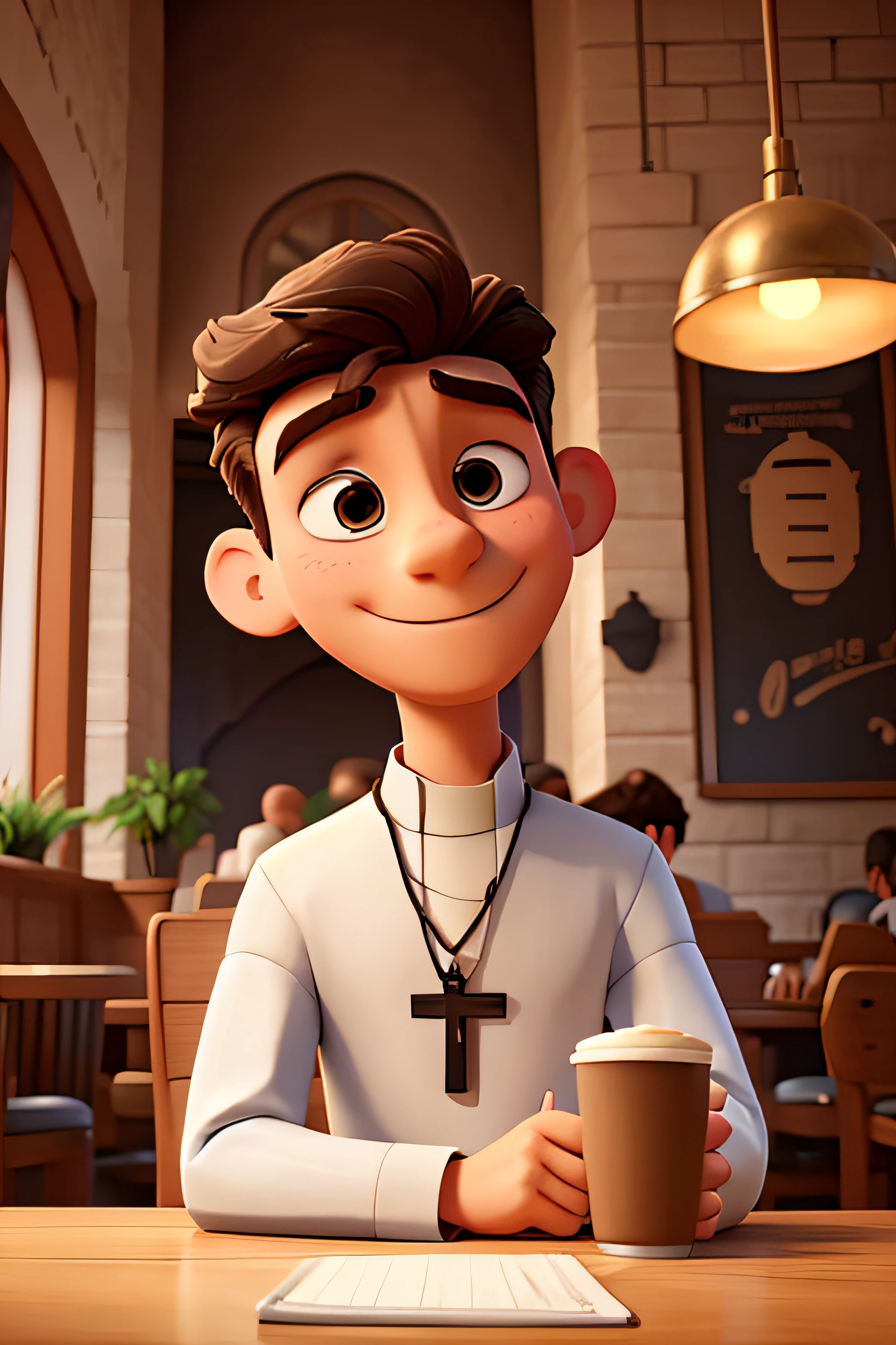 create the young man look like a priest drinking a coffee on coffee shop very nice place in disney pixar style.