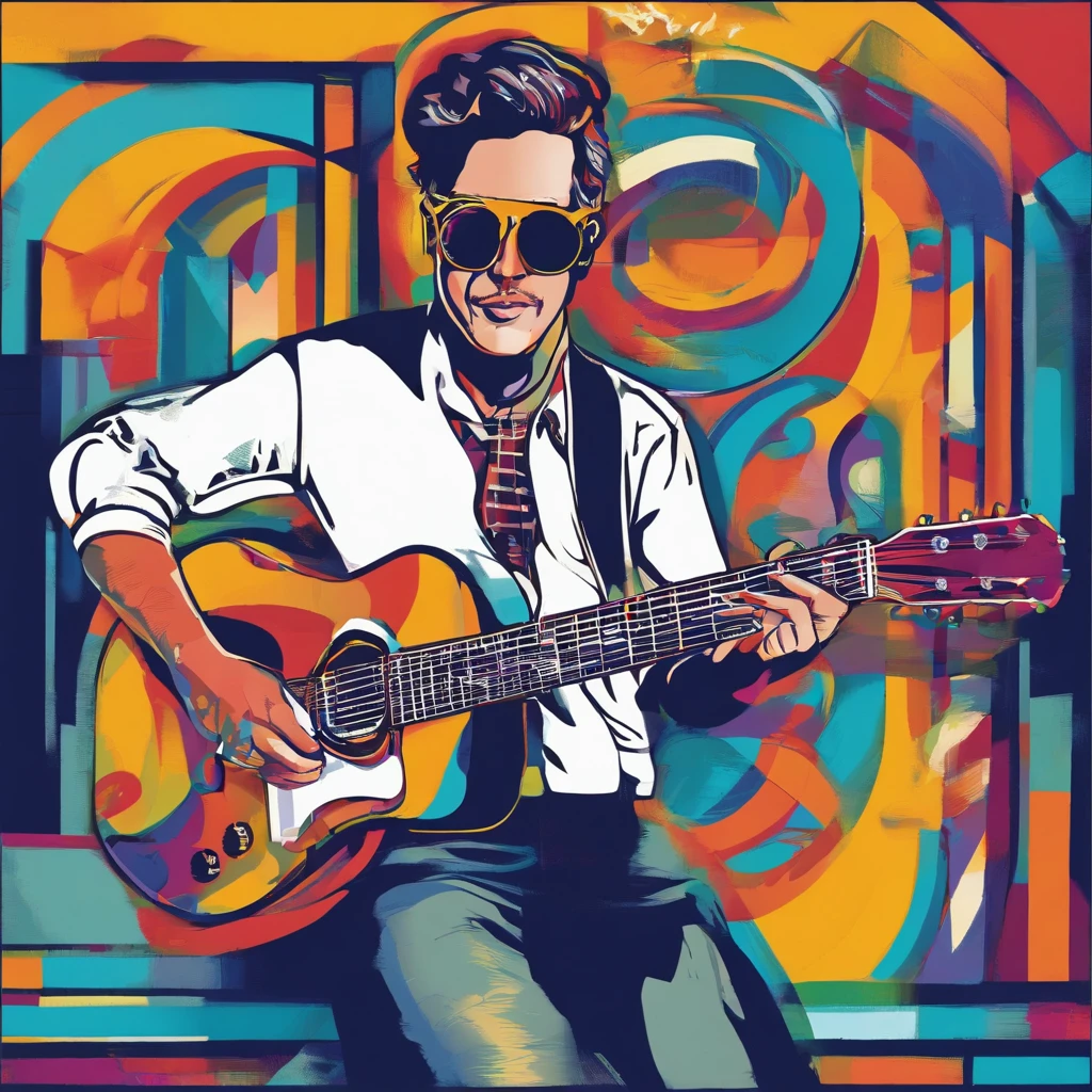 un hombre guitarrista con nariz grande gafas y camisa blanca con azul y azul oscuro, Imagen frontal gordita, staring directly into camera, Foto selfie 8k, con gafas, staring directly into camera, foto realista, staring directly into camera, staring directly into camera, con gafas puestas, Imagen de muy baja calidad, Watching from the camera, Con gafas, about 39 years old, tocando guitarra les paul
