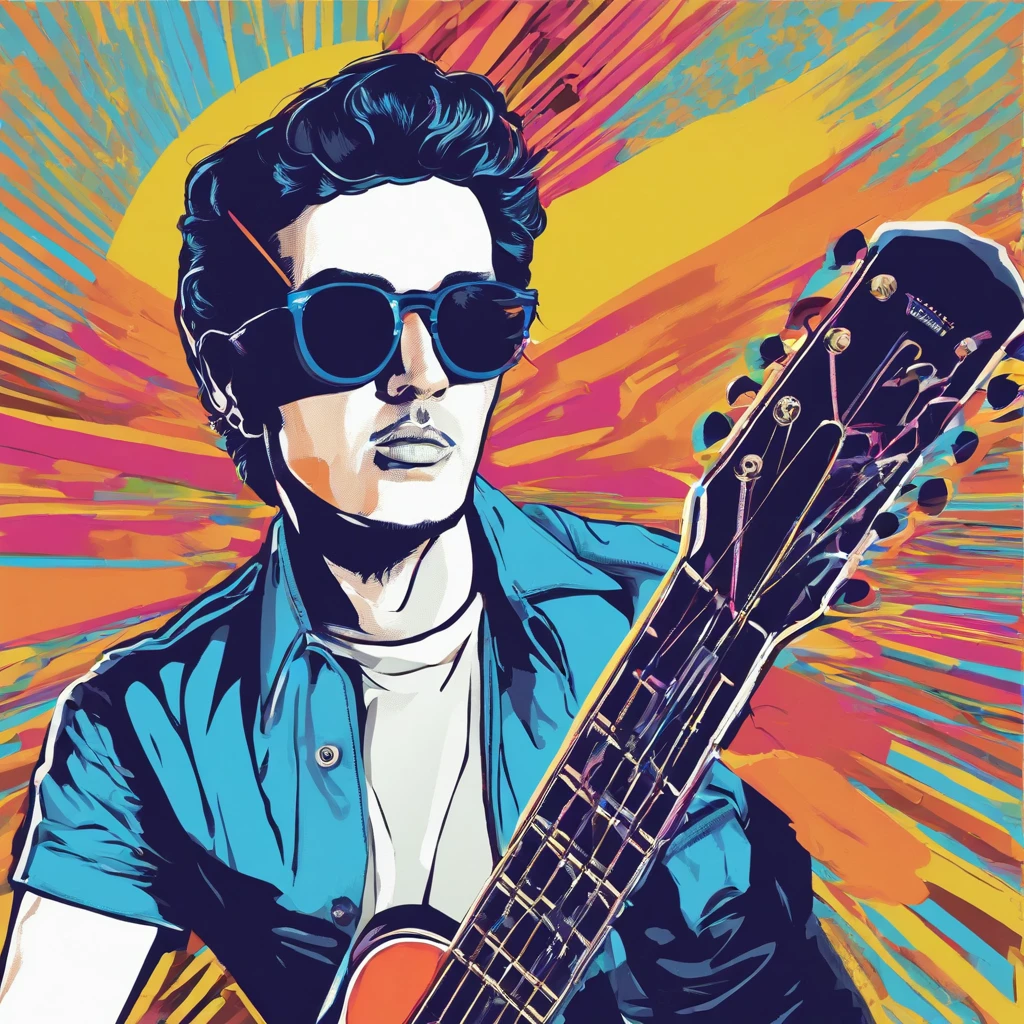 un hombre guitarrista con nariz grande gafas y camisa blanca con azul y azul oscuro, Imagen frontal gordita, staring directly into camera, Foto selfie 8k, con gafas, staring directly into camera, foto realista, staring directly into camera, staring directly into camera, con gafas puestas, Imagen de muy baja calidad, Watching from the camera, Con gafas, about 39 years old, tocando guitarra les paul