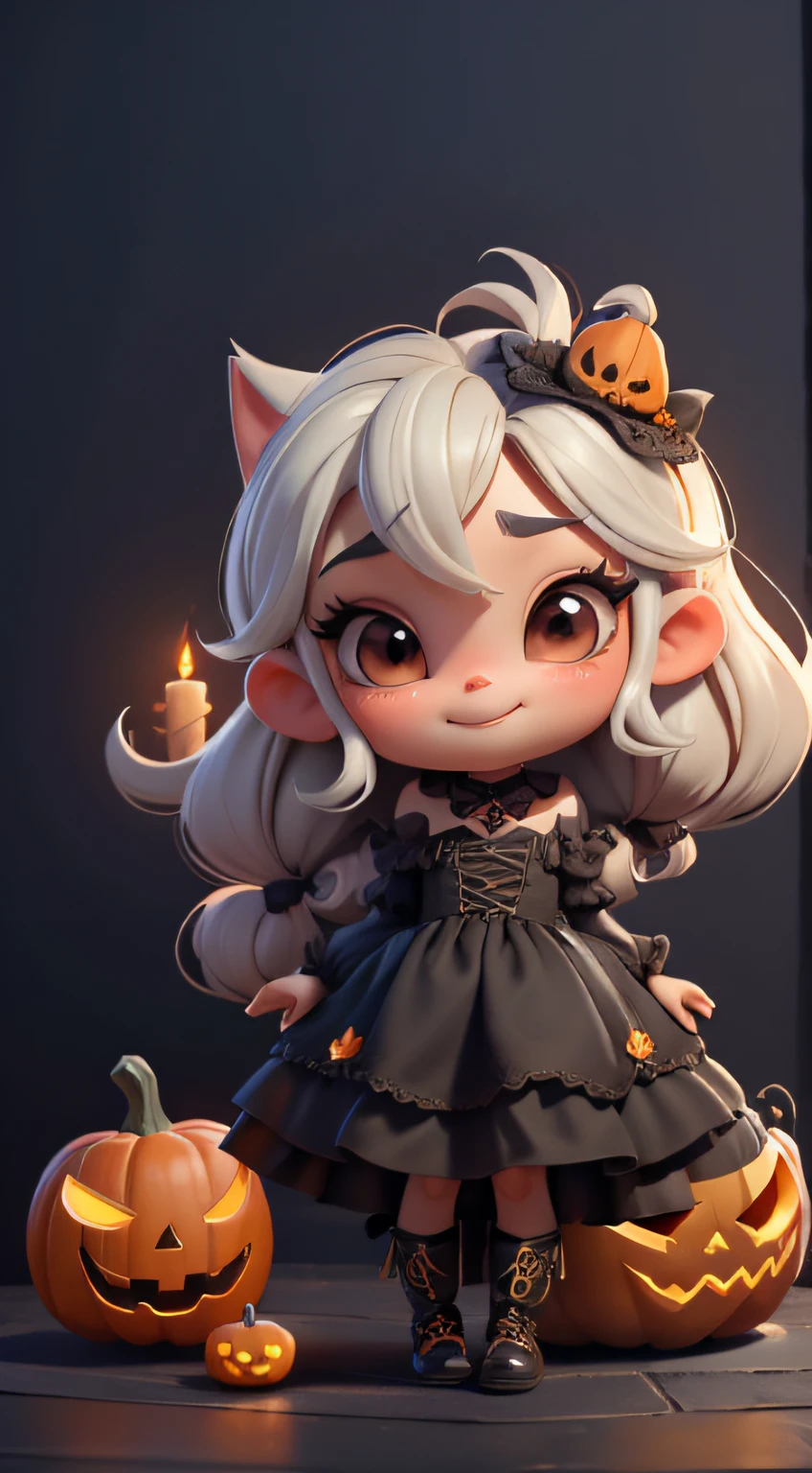 Create a high-quality 18K version of the character, master part, pumpkins , aboboras morangas, aboboras, abóboroas monstruososas. Baby Chibi hallowen Vanellope : Deve ficar charmoso e bonito, Keep the iconic elements of the original character. hallowen should have a round face with large dimensions, olhos claros, long eyelashes and hallowen cheeks. Seu cabelo deve ser longo e tons preto slime . Vestido bonito: Vestir chibi moranguinho em um vestido luxuoso e elegante em tons hallowen . O vestido pode ter babados, renda & detalhes feitos de doces, A reference to the hallowen theme . Add loops or ribbons, Para dar um toque de delicadeza. avental & Arco : Adicione um avental hallowen sobre o vestido de Chibi, It is tied at the waist with a thin bow. O avental pode ter pequenos detalhes, como bolsos ou bordados finos. Meias e botas luxuosa : Complete o look chibi moranguinho com meias listradas rosa e brancas ou detalhes divertidos. standingn, Coloque botas bonitos, com gravatas ou fivelas. Magic Accessories: Add charming accessories to the chibi . You can also get your hands on a cute huge abóbora . Certifique-se de adicionar sombras, texturas e detalhes nos cabelos, moranguinho Chibi , Pumpkins Suits & Accessories, to make it even more charming and charming. Give him a smiling expression and a smile on his face, Capturing the essence of the character in a subtle way, delicate hands, ((Pumpkins Scenery, Pumpkin Carriage Pumpkin Cauldrons, million pumpkins and giant bats UHD 16K))