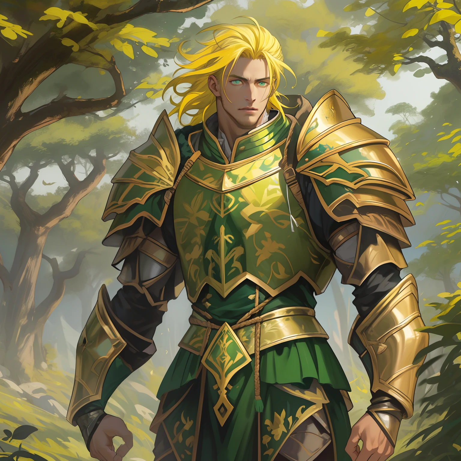 1 god of wind, Handsome male. 6 ft 5 tall man. Yellow hair, full body green armour, clear eyes, in the nature, 8k, masterpiece, high resolution, focused vibes, muscle