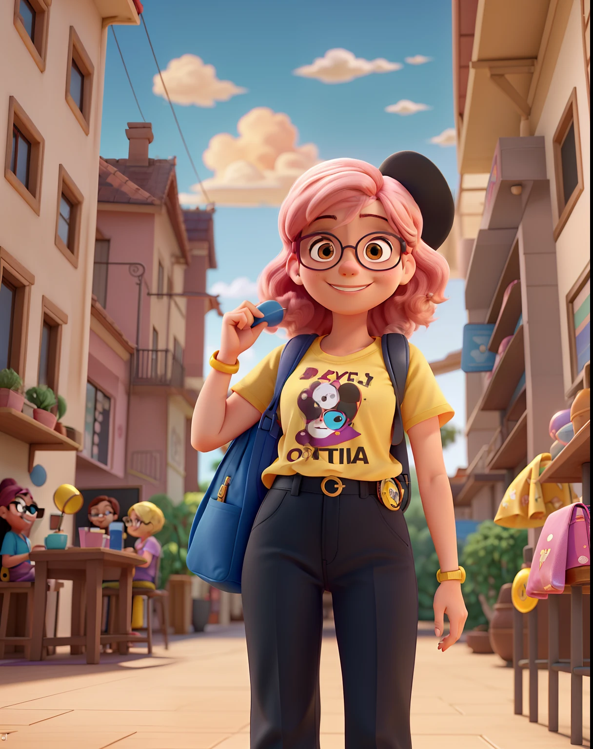 Poster no estilo filme disney pixar, Smiling woman with straight pink hair and golden round glasses, black pant, camiseta amarela sem estampa, mochila , trabalhando com porcelana fria