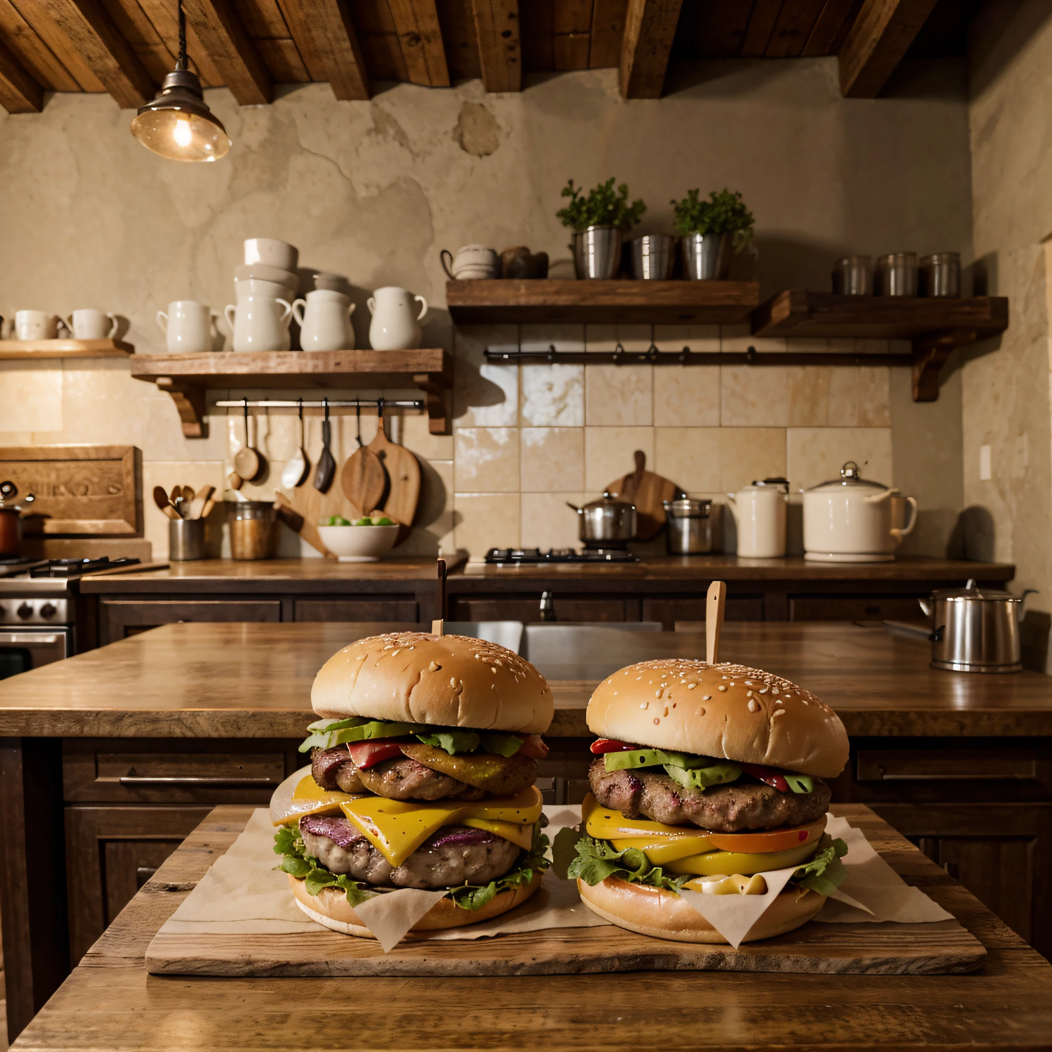 Front close-up of a rustic wooden countertop in the foreground, com detalhes de tronco. Ao fundo, A cosy rustic farmhouse-style kitchen, evoking a homely and country feel. The image captured with a Sony A7IV camera and 100mm macro lens, configurada com uma abertura de f7.1, Highlighting every detail of the burger to be inserted in post-production