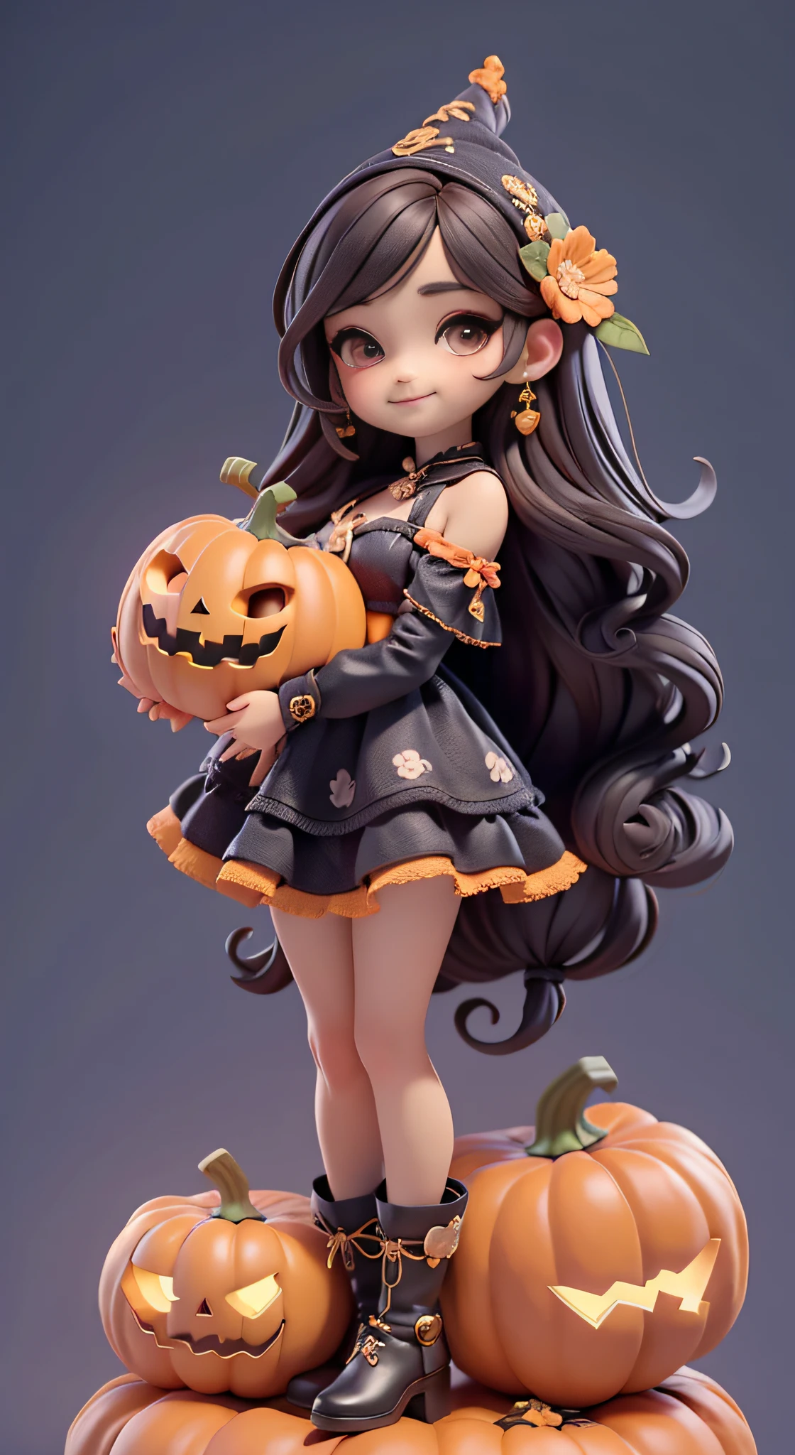 Create a high-quality 18K version of the character, master part, pumpkins , aboboras morangas, aboboras, abóboroas monstruososas. Baby Chibi hallowen Vanellope : Deve ficar charmoso e bonito, Keep the iconic elements of the original character. hallowen should have a round face with large dimensions, olhos claros, long eyelashes and hallowen cheeks. Seu cabelo deve ser longo e tons preto slime . Vestido bonito: Vestir chibi moranguinho em um vestido luxuoso e elegante em tons hallowen . O vestido pode ter babados, renda & detalhes feitos de doces, A reference to the hallowen theme . Add loops or ribbons, Para dar um toque de delicadeza. avental & Arco : Adicione um avental hallowen sobre o vestido de Chibi, It is tied at the waist with a thin bow. O avental pode ter pequenos detalhes, como bolsos ou bordados finos. Meias e botas luxuosa : Complete o look chibi moranguinho com meias listradas rosa e brancas ou detalhes divertidos. standingn, Coloque botas bonitos, com gravatas ou fivelas. Magic Accessories: Add charming accessories to the chibi . You can also get your hands on a cute huge abóbora . Certifique-se de adicionar sombras, texturas e detalhes nos cabelos, moranguinho Chibi , Pumpkins Suits & Accessories, to make it even more charming and charming. Give him a smiling expression and a smile on his face, Capturing the essence of the character in a subtle way, delicate hands, (( Scenery a Giant Pumpkin House UHD 16K))