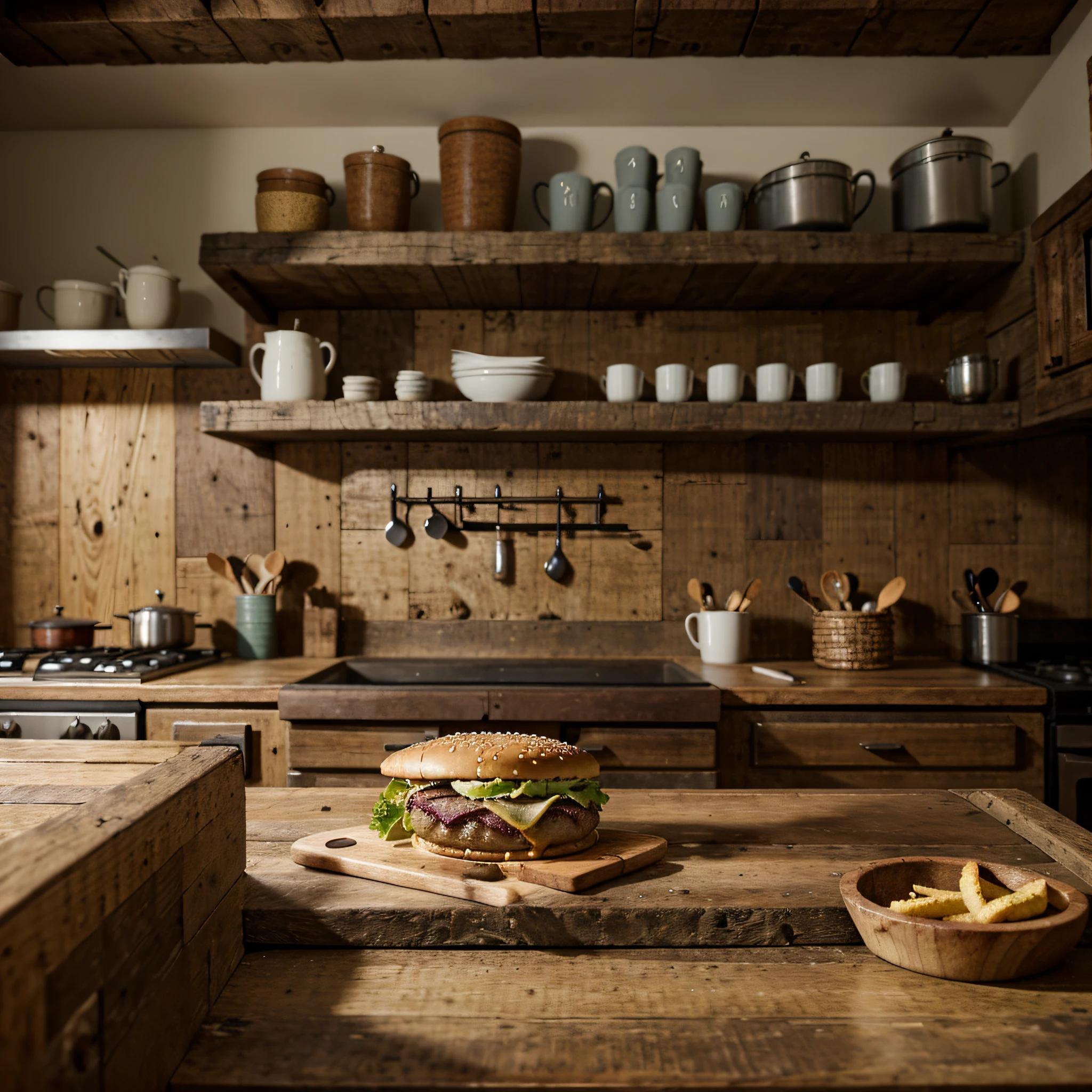 Front close-up of a rustic wooden countertop in the foreground, com detalhes de tronco. Ao fundo, A cosy rustic farmhouse-style kitchen, evoking a homely and country feel. The image captured with a Sony A7IV camera and 100mm macro lens, configurada com uma abertura de f7.1, Highlighting every detail of the burger to be inserted in post-production