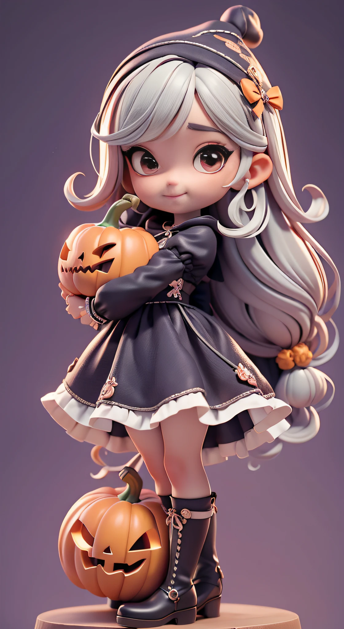 Create a high-quality 18K version of the character, master part, pumpkins , aboboras morangas, aboboras, abóboroas monstruososas. Baby Chibi hallowen Vanellope  : Deve ficar charmoso e bonito, Keep the iconic elements of the original character. hallowen should have a round face with large dimensions, olhos claros, long eyelashes and hallowen cheeks. Seu cabelo deve ser longo e tons preto slime . Vestido bonito: Vestir chibi moranguinho em um vestido luxuoso e elegante em tons hallowen . O vestido pode ter babados, renda & detalhes feitos de doces, A reference to the hallowen theme . Add loops or ribbons, Para dar um toque de delicadeza. avental & Arco : Adicione um avental hallowen sobre o vestido de Chibi, It is tied at the waist with a thin bow. O avental pode ter pequenos detalhes, como bolsos ou bordados finos. Meias e botas luxuosa : Complete o look chibi moranguinho com meias listradas rosa e brancas ou detalhes divertidos. standingn, Coloque botas bonitos, com gravatas ou fivelas. Magic Accessories: Add charming accessories to the chibi  . You can also get your hands on a cute huge abóbora . Certifique-se de adicionar sombras, texturas e detalhes nos cabelos, moranguinho Chibi , Pumpkins Suits & Accessories, to make it even more charming and charming. Give him a smiling expression and a smile on his face, Capturing the essence of the character in a subtle way, delicate hands, (( Scenery a Giant Pumpkin House UHD 16K))