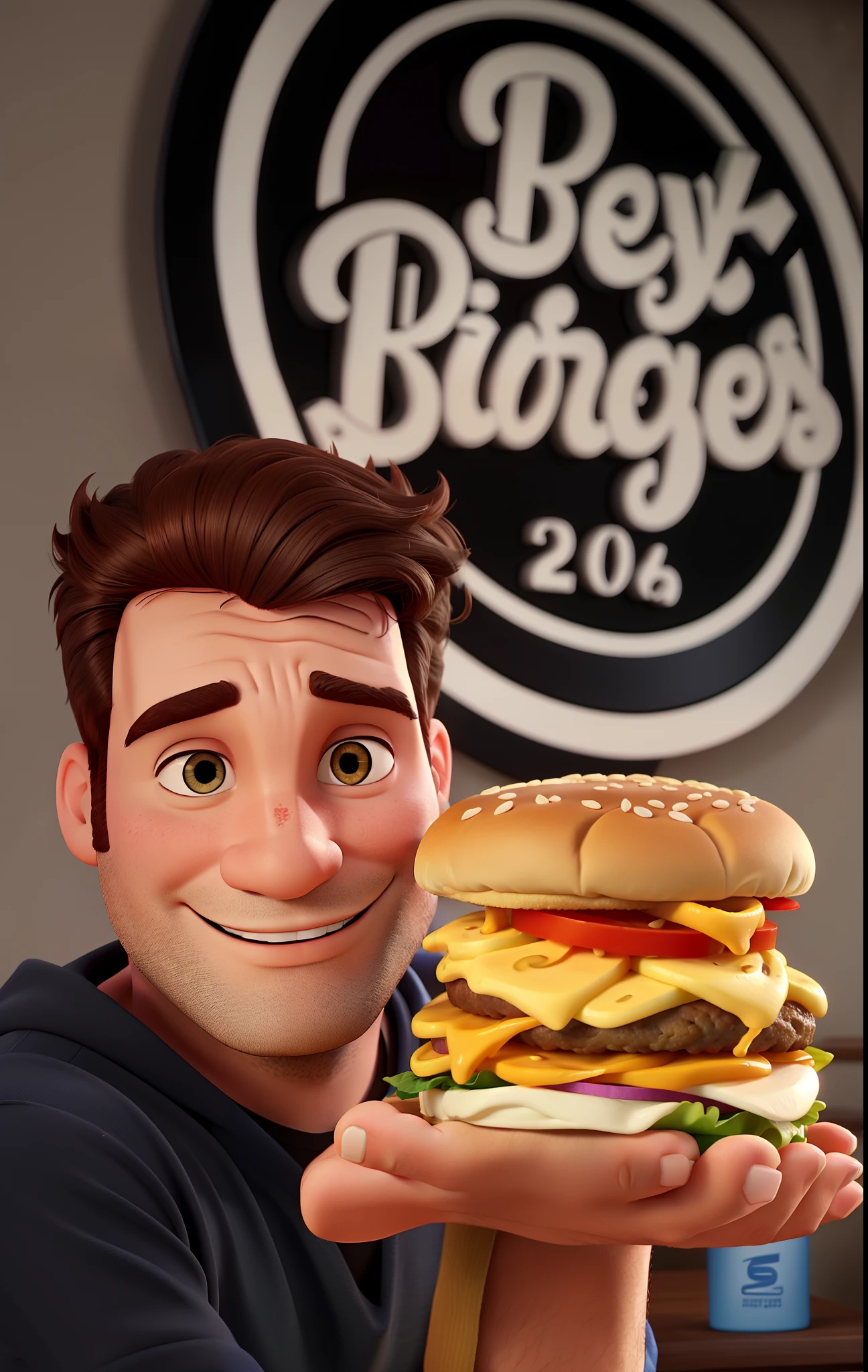 Um homem estilo disney Pixar segurando um hamburguer