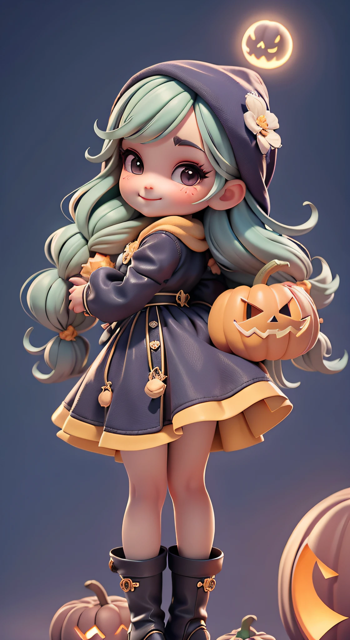 Create a high-quality 18K version of the character, master part, pumpkins , aboboras morangas, aboboras, abóboroas monstruososas. Baby Chibi hallowen Vanellope  : Deve ficar charmoso e bonito, Keep the iconic elements of the original character. hallowen should have a round face with large dimensions, olhos claros, long eyelashes and hallowen cheeks. Seu cabelo deve ser longo e tons preto slime . Vestido bonito: Vestir chibi moranguinho em um vestido luxuoso e elegante em tons hallowen . O vestido pode ter babados, renda & detalhes feitos de doces, A reference to the hallowen theme . Add loops or ribbons, Para dar um toque de delicadeza. avental & Arco : Adicione um avental hallowen sobre o vestido de Chibi, It is tied at the waist with a thin bow. O avental pode ter pequenos detalhes, como bolsos ou bordados finos. Meias e botas luxuosa : Complete o look chibi moranguinho com meias listradas rosa e brancas ou detalhes divertidos. standingn, Coloque botas bonitos, com gravatas ou fivelas. Magic Accessories: Add charming accessories to the chibi  . You can also get your hands on a cute huge abóbora . Certifique-se de adicionar sombras, texturas e detalhes nos cabelos, moranguinho Chibi , Pumpkins Suits & Accessories, to make it even more charming and charming. Give him a smiling expression and a smile on his face, Capturing the essence of the character in a subtle way, delicate hands,in the background a moon and a herd of bats in the starry sky UHD 16K