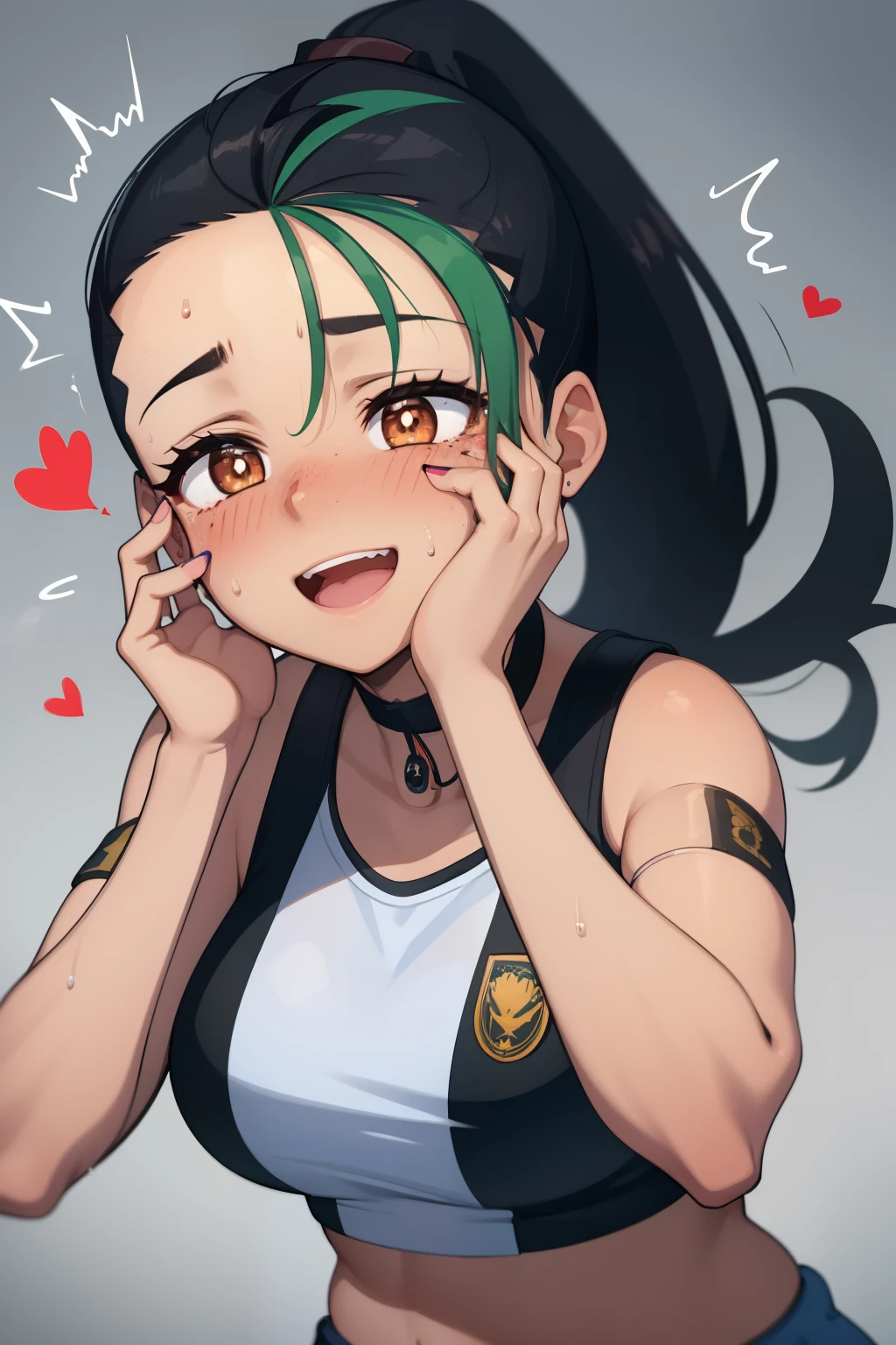 Nemona, 1girl,heart-shaped pupils,fingernails,hands on own face, black hair, green bangs, brown eyes,(blush:1.1),choker,upper body,trembling,sweat,sweatdrop,heart,(speed lines:1.1),medium breasts, ((heavy breathing:1.3)), love, heart, crop top, happy, smile, Pokémon Scarlet and Violet