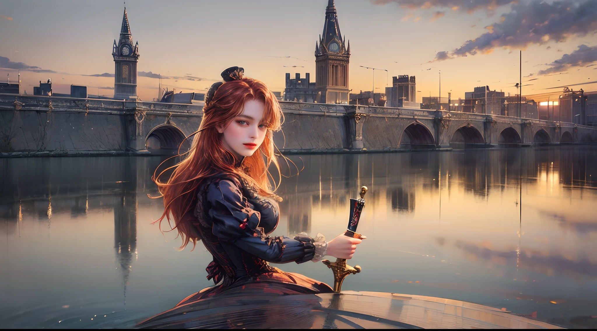 ((((victorian city)))), ((((art by Ayami Kojima)))), redhead girl holding a foil sword, sunset reflected by a lake in the middle of the city