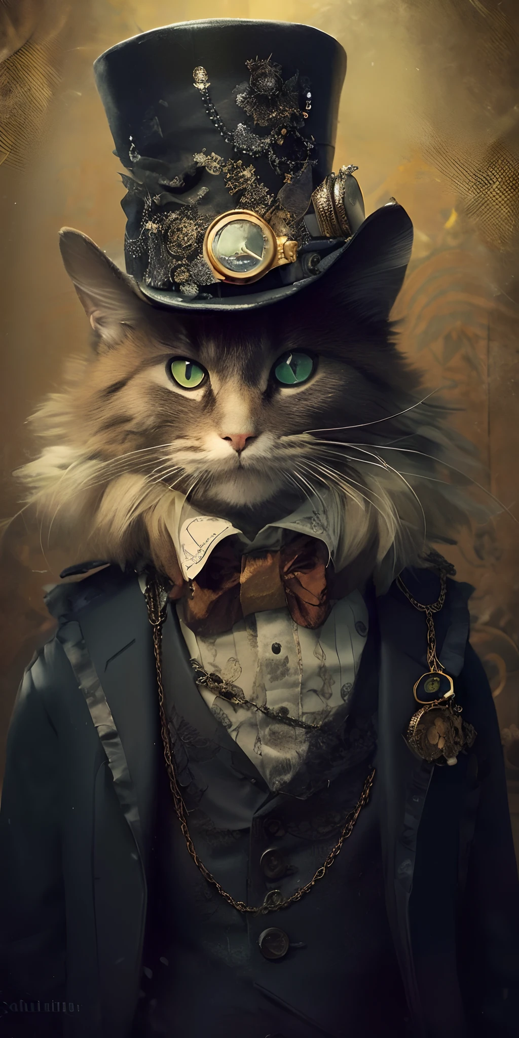 Arafed cat in a top hat and a suit with a chain, steampunk cat, anthro cat, Steampunk Cat Girl Portrait, Elegant cat, Cute chintz cat in steampunk style, cat wearing a top hat, anthro cat, High-quality steampunk art, steampunk digital art, digital steampunk art, A worthy aristocrat, steampunk male portrait