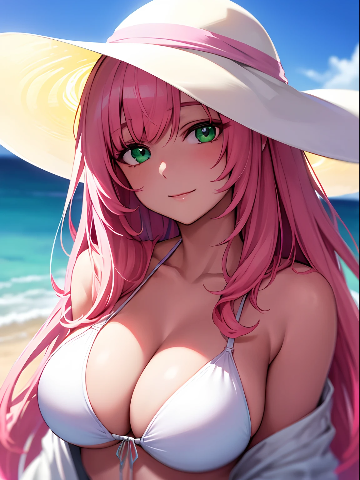 (SLE, mksks style, detailed background:1.1), (solo:1.3), mature, woman, white bikini, white sun hat, long hair, pink hair, (hair over shoulder:1.3), beautiful hair, green eyes, sharp eyes, voluptuous body, happy, portait, head tilt, close up, volumetric lighting, (outdoors:1.3), island, colorful