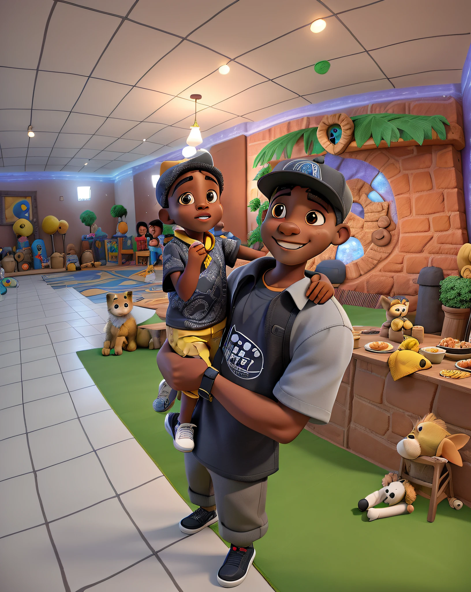 Black boy wearing a cap and a child on his lap in the Lion King themed party room