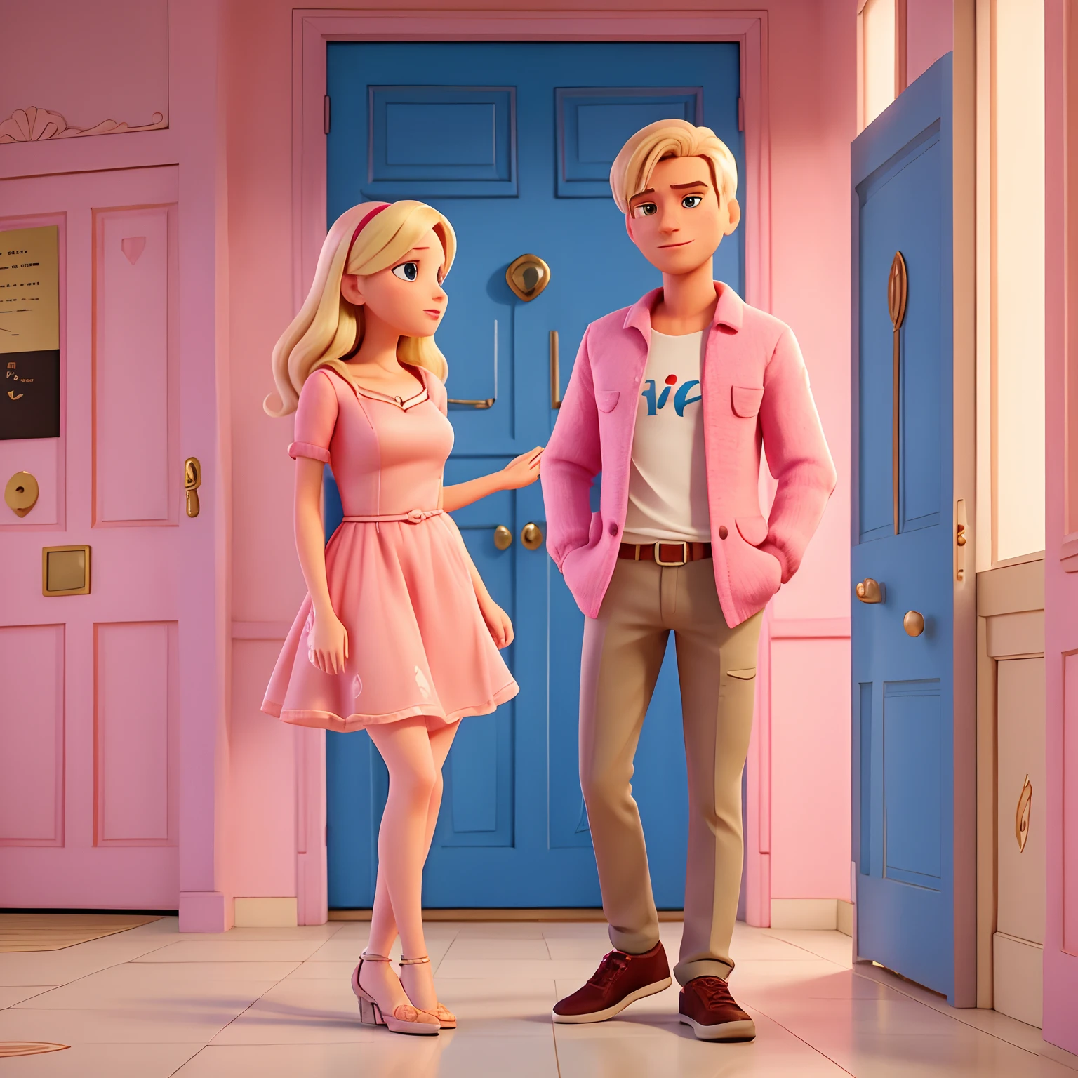 Um casal atraente e apaixonado jovem, com boa estatura, The woman is blonde and wears pink dress and the man in casual clothes. O personagem assume o centro, In the background the hall of an apartment building with a blue door, toque de realidade, pixar, Passionate Facial Expression