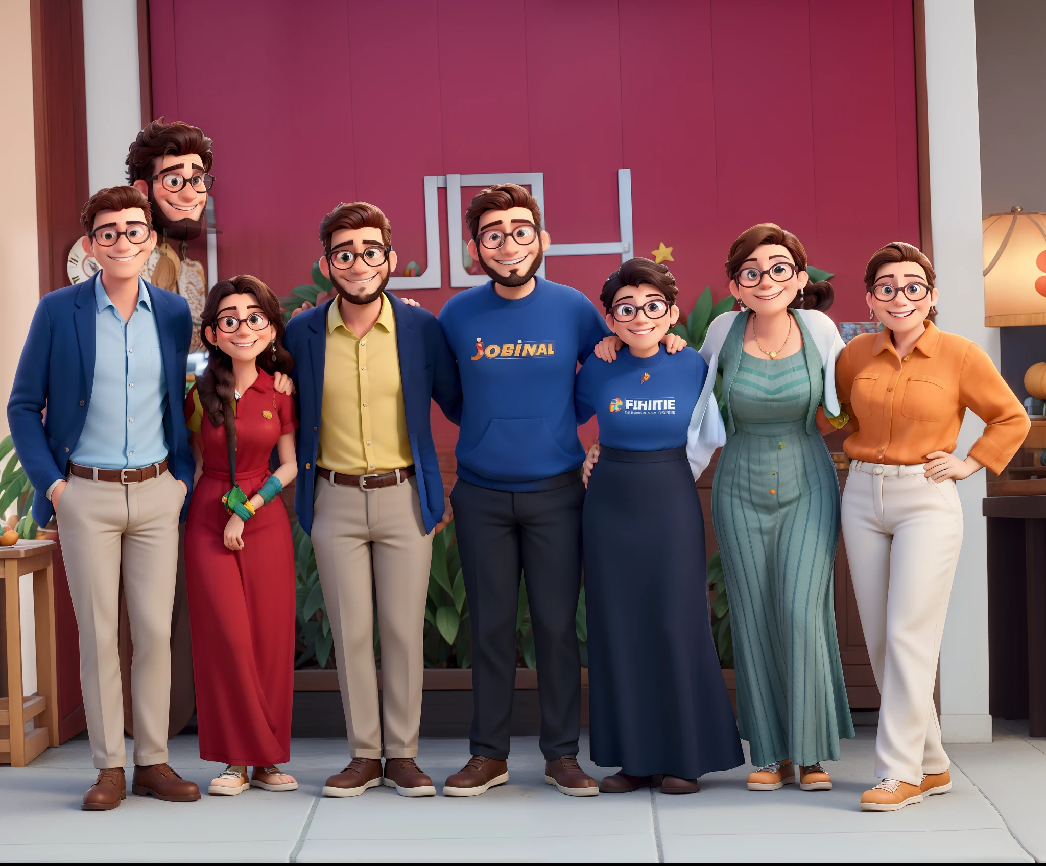 Right Side Man Smiling Glasses, lado mulher vestido vermelho sorrindo cebelo castanho claro, Man side smiling beard and glasses, centro homem cabelo castanho claro sorrindo, lado mulher cabelo loiro ao lado mulher loira sorindo pele branca, lado direito mulher pele branca cabelo escuro sorrindo Estilo Disney Pixar, alta qualidade, melhor qualidade 4k