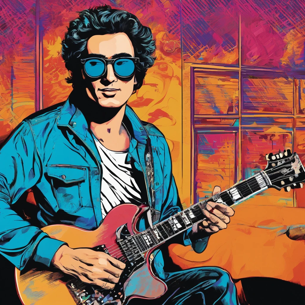 un hombre guitarrista con nariz grande gafas y camisa blanca con azul y azul oscuro, Imagen frontal gordita, staring directly into camera, Foto selfie 8k, con gafas, staring directly into camera, foto realista, staring directly into camera, staring directly into camera, con gafas puestas, Imagen de muy baja calidad, Watching from the camera, Con gafas, about 39 years old, tocando guitarra les paul