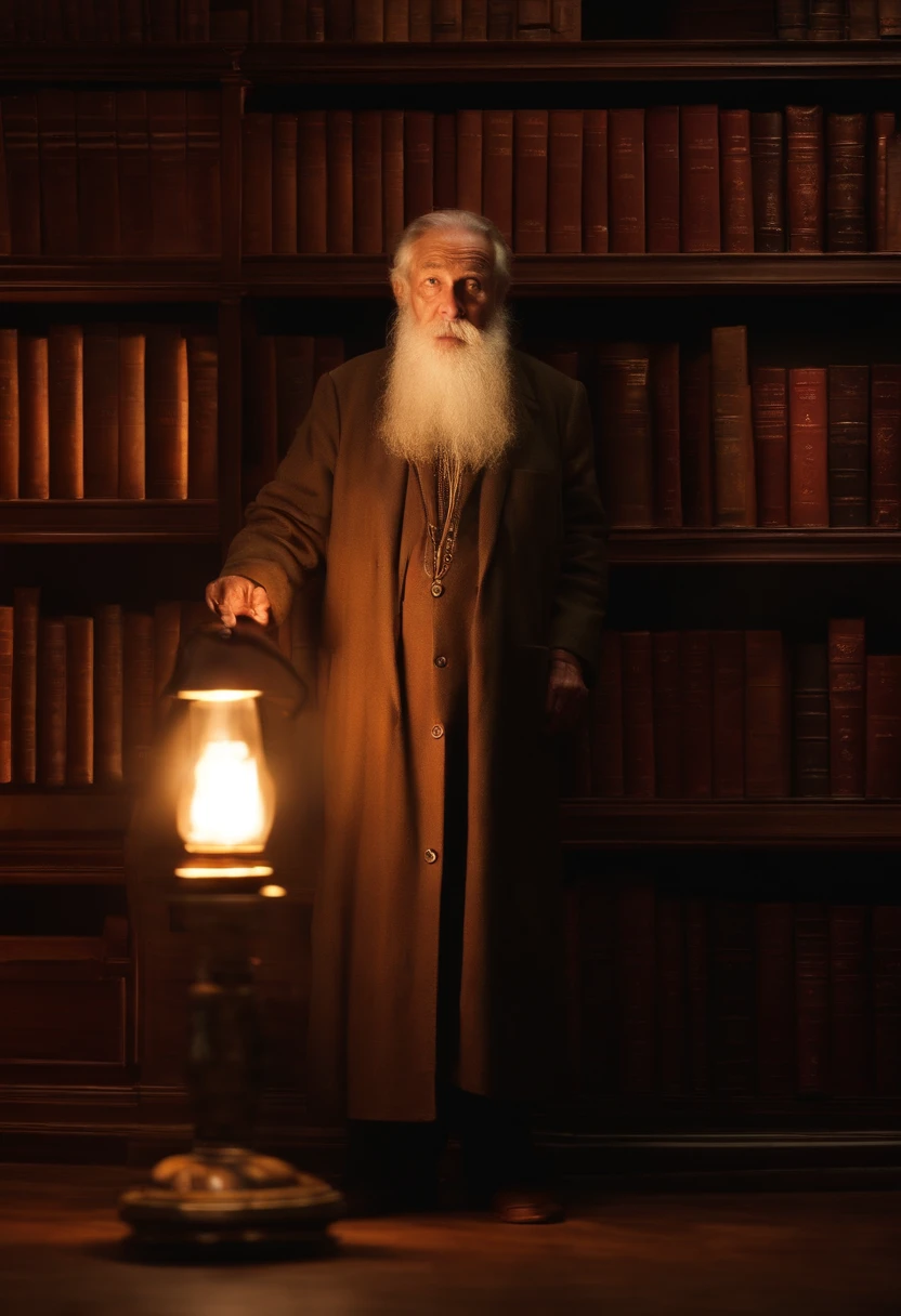 A wise old man standing in front, illuminated by the light of a lamp, against the backdrop of a library