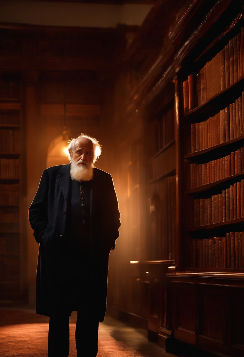 A wise old man standing in front, illuminated by the light of a lamp, against the backdrop of a library