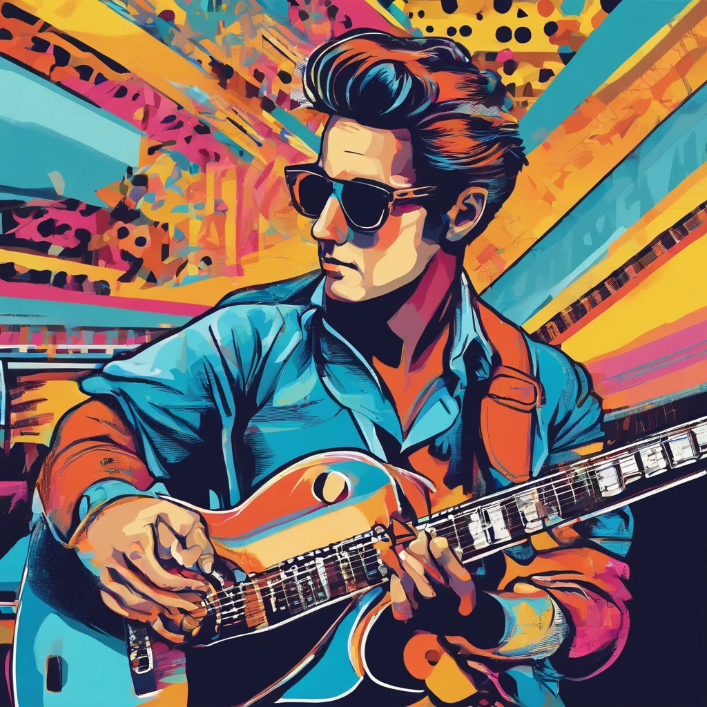 un hombre guitarrista con nariz grande gafas y camisa blanca con azul y azul oscuro, Imagen frontal gordita, staring directly into camera, Foto selfie 8k, con gafas, staring directly into camera, foto realista, staring directly into camera, staring directly into camera, con gafas puestas, Imagen de muy baja calidad, Watching from the camera, Con gafas, about 39 years old, tocando guitarra les paul