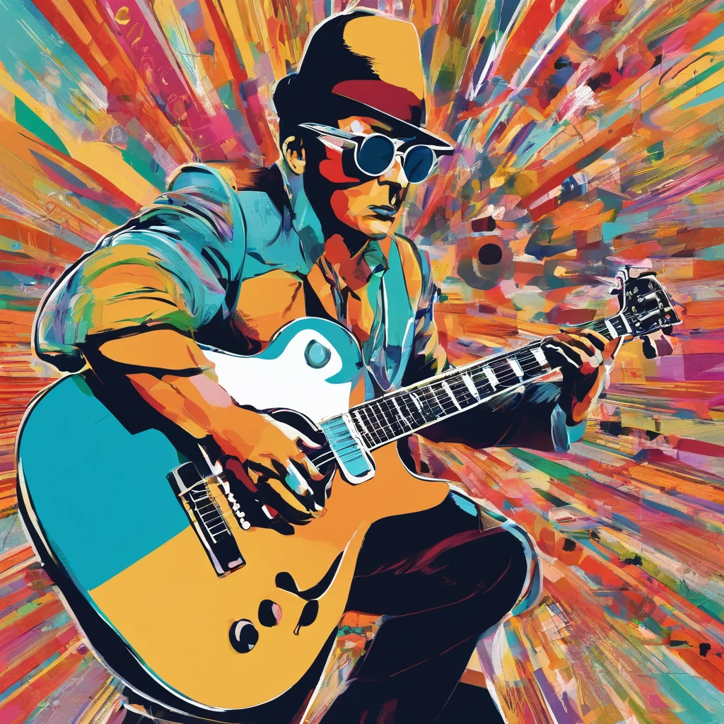un hombre guitarrista con nariz grande gafas y camisa blanca con azul y azul oscuro, Imagen frontal gordita, staring directly into camera, Foto selfie 8k, con gafas, staring directly into camera, foto realista, staring directly into camera, staring directly into camera, con gafas puestas, Imagen de muy baja calidad, Watching from the camera, Con gafas, about 39 years old, tocando guitarra les paul
