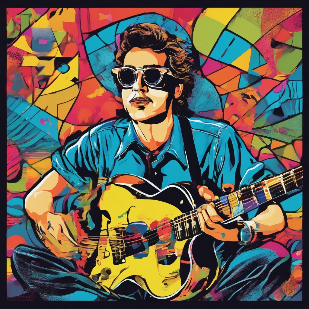 un hombre guitarrista con nariz grande gafas y camisa blanca con azul y azul oscuro, Imagen frontal gordita, staring directly into camera, Foto selfie 8k, con gafas, staring directly into camera, foto realista, staring directly into camera, staring directly into camera, con gafas puestas, Imagen de muy baja calidad, Watching from the camera, Con gafas, about 39 years old, tocando guitarra les paul