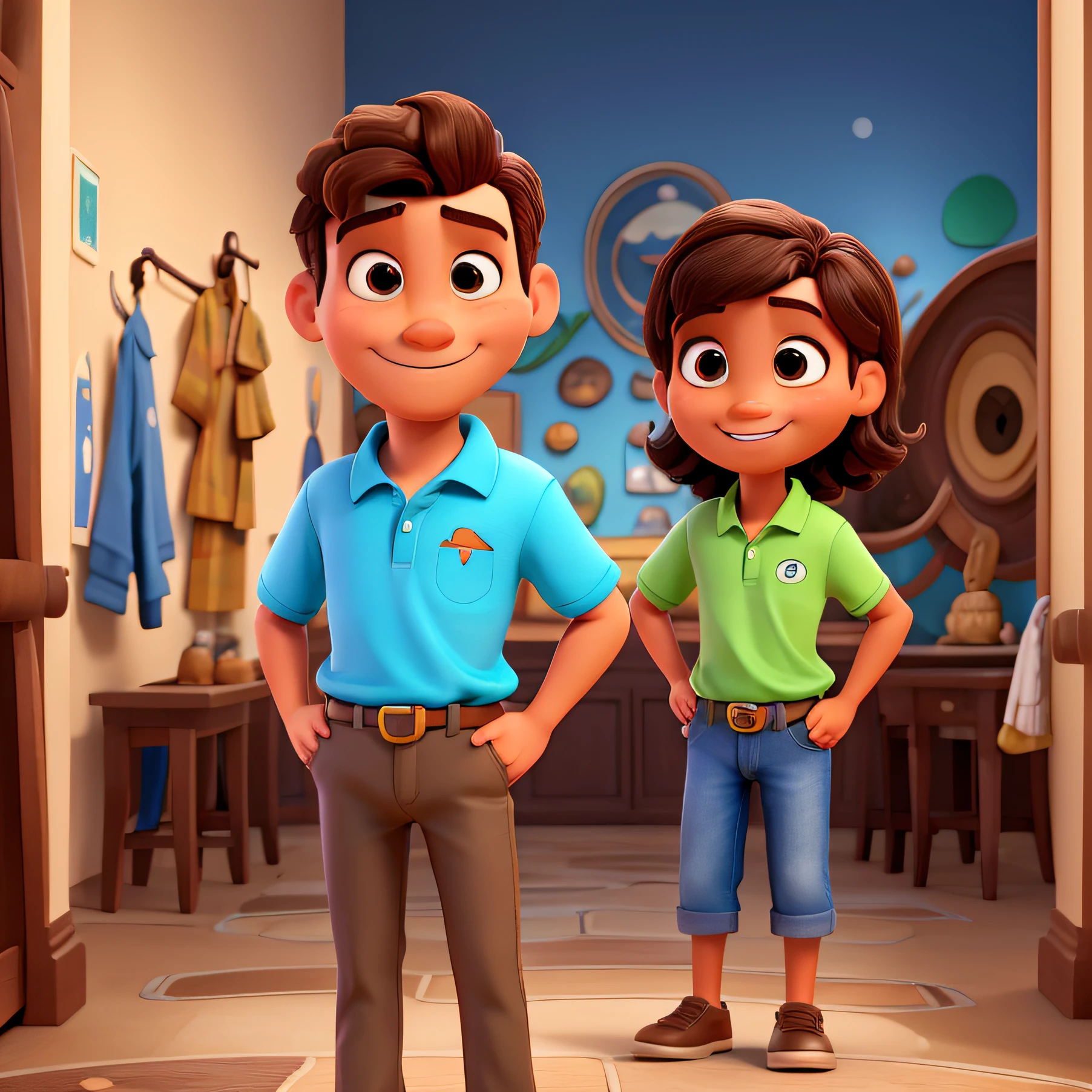 Um homem estilo disney pixar, alta qualidade, melhor qualidade. O homem usa uma camisa polo cinza escuro com logo laranja no peito. He's alone and smiling with open arms, para receber as pessoas. Her hair and eyes are brown. He's in a museum. Ele mostra os dentes.