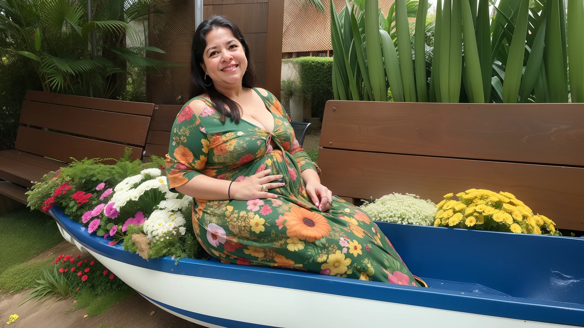 mulher gravida em um vestido colorido sentado em um barco com flores, vestindo chiton floral, 3 5 year brazilian mother, by Gina Pellón, Directed by: Judith Gutierrez, inspirado em Maria Helena Vieira da Silva, by Maria Helena Vieira da Silva, fernanda suarez, by Amelia Peláez, Directed by: Kathleen Scott, full figured mother earth, usando um vestido havaiano
