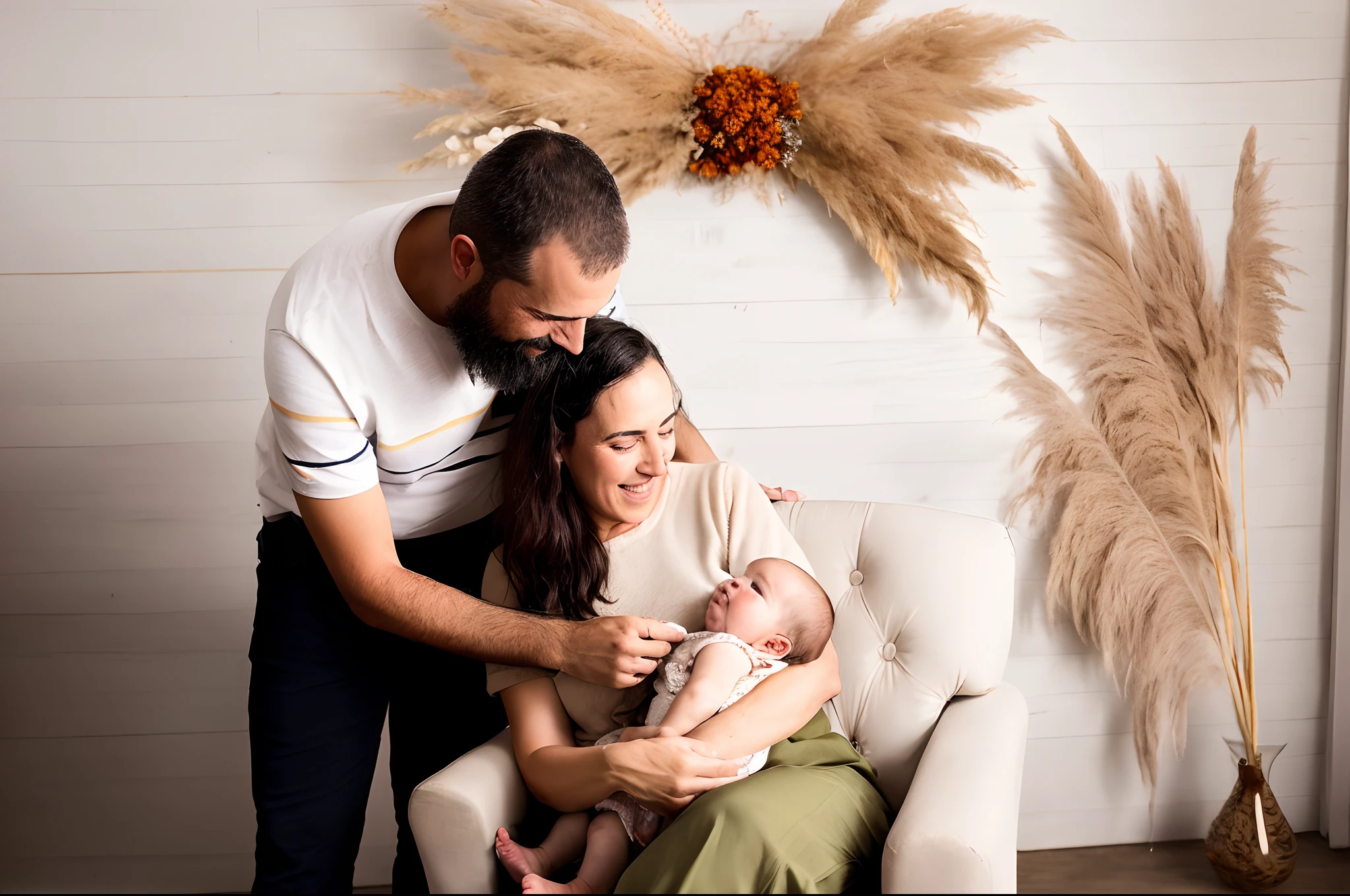 There's a man and a woman holding a baby on a couch, family photography, foto de uma bela, foto de retrato, home fotografia retrato, cozy studio photography, foto de retrato detalhada, portrait of family of three, marido esposa e filho, still photograph, fotografia de corpo inteiro, family portrait, Family photo, Happy family, imagem interna, foto aprimorada, scenic full shot, imagem retrato