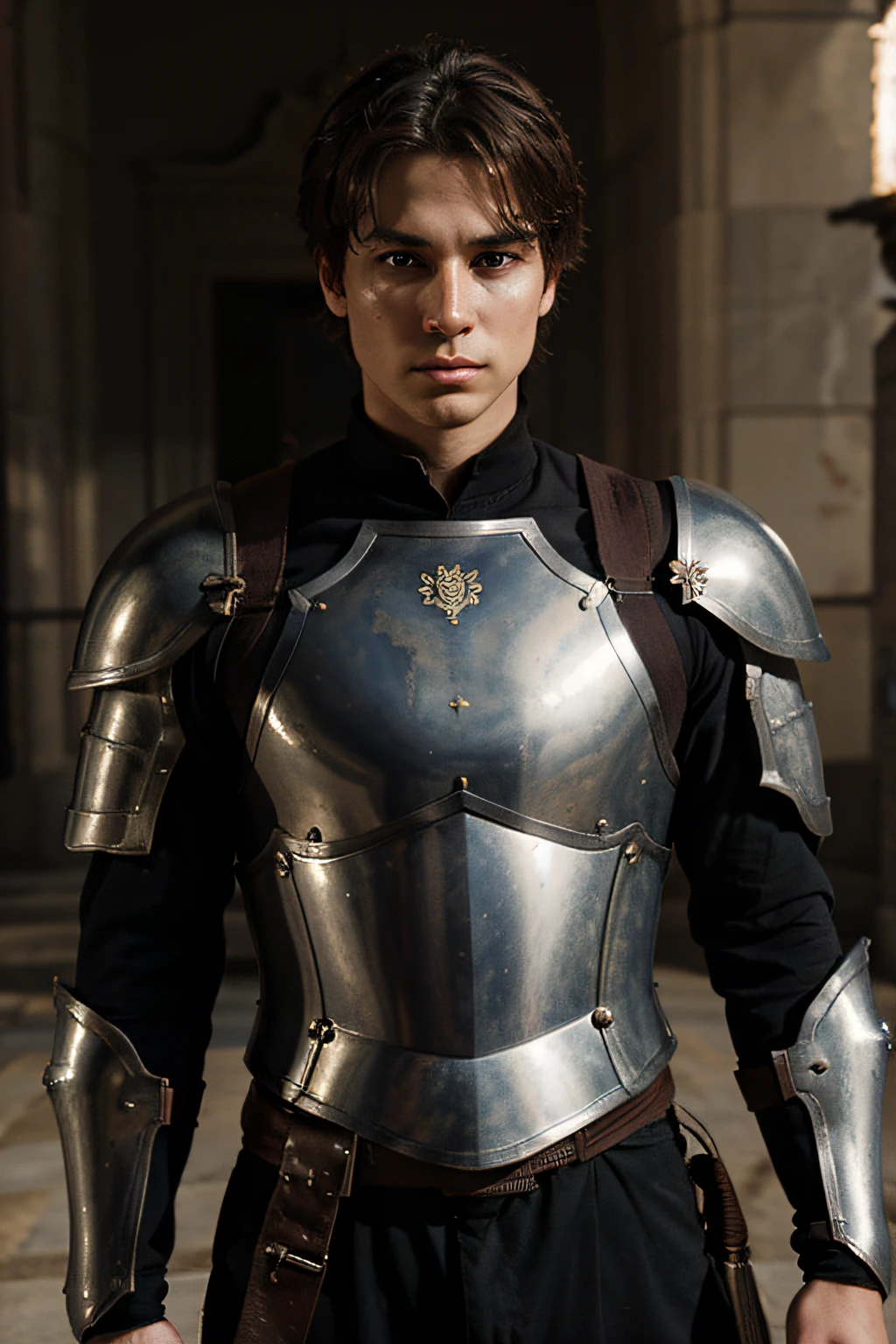 male Prince, returning from war, weary eyes yet fierce, damaged armor