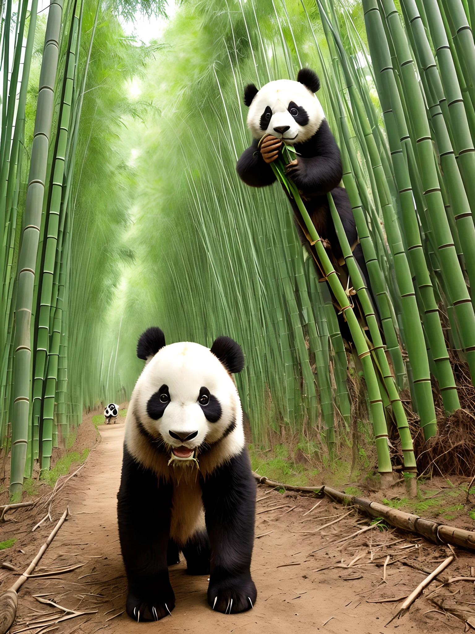 Panda eating bamboo in front of tiger walking and look the camera inside bamboo forest