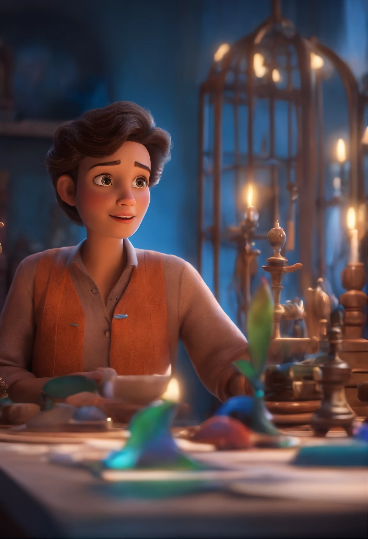 A Dream Architect Inspired by Pixar Animation, de perto. Facial expressions are captivating, com um toque de irrealidade.