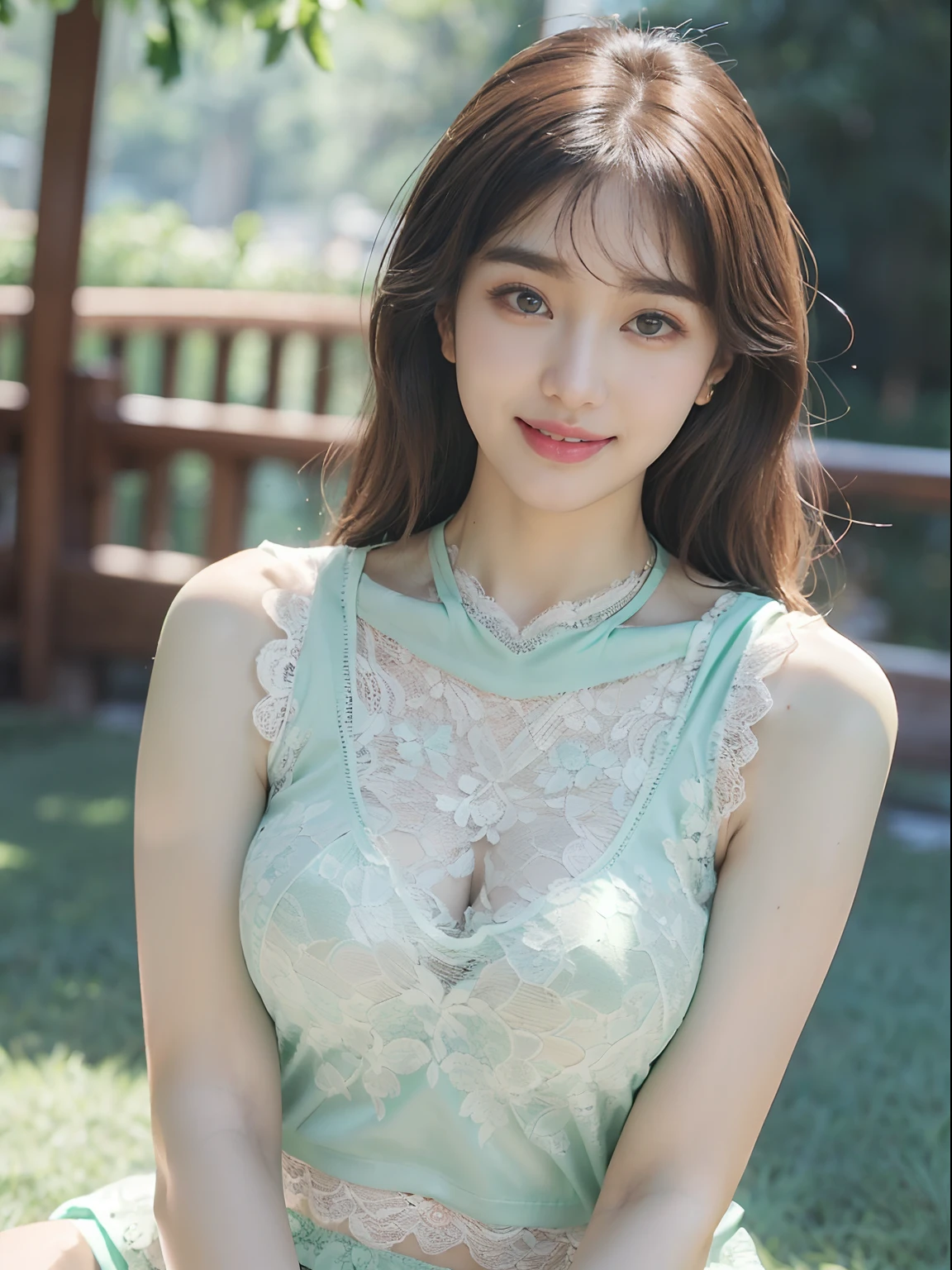 ((((top-quality))))、(((Ultra Precision CG16K Wallpapers)))、(((masterpiece)))、(((ultra-detailliert)))、(((Ultra-extreme details)))、One woman、a matural female、a 25yo woman、((Korean Face))、((extremely beautiful face))、((Korean Idols:1.8))、((Semi-long cut:1.2))、(curly hair)、Bangs up to the eyebrows、Beautiful brown hair、Beautiful delicate eyes、Brown eyes、lofty nose、small nostrils、seductive lips、slightly open mouth、Beautiful breasts、C-cup size breasts、cleavage of the breast、Plump body、perfectly proportions、perfect anatomia、Beautiful and detailed shading、Beautiful natural lighting、Beautiful detail glow、depth of fields、(((a high chroma)))、((realisitic:1.9))、((Vivid:1.4))、((Beautiful skin))、((Skin texture))、((Realistic skin feeling))、perfect-composition、((bustshot))、((Angle of view from the front))、((a smile:1.2))、(Staring eyes)、Bright sunshine、((a park:1.2))、(Background blur)、((Mint Green Color Lace Tank Top:1.5))、(a necklace)、(耳Nipple Ring)、
