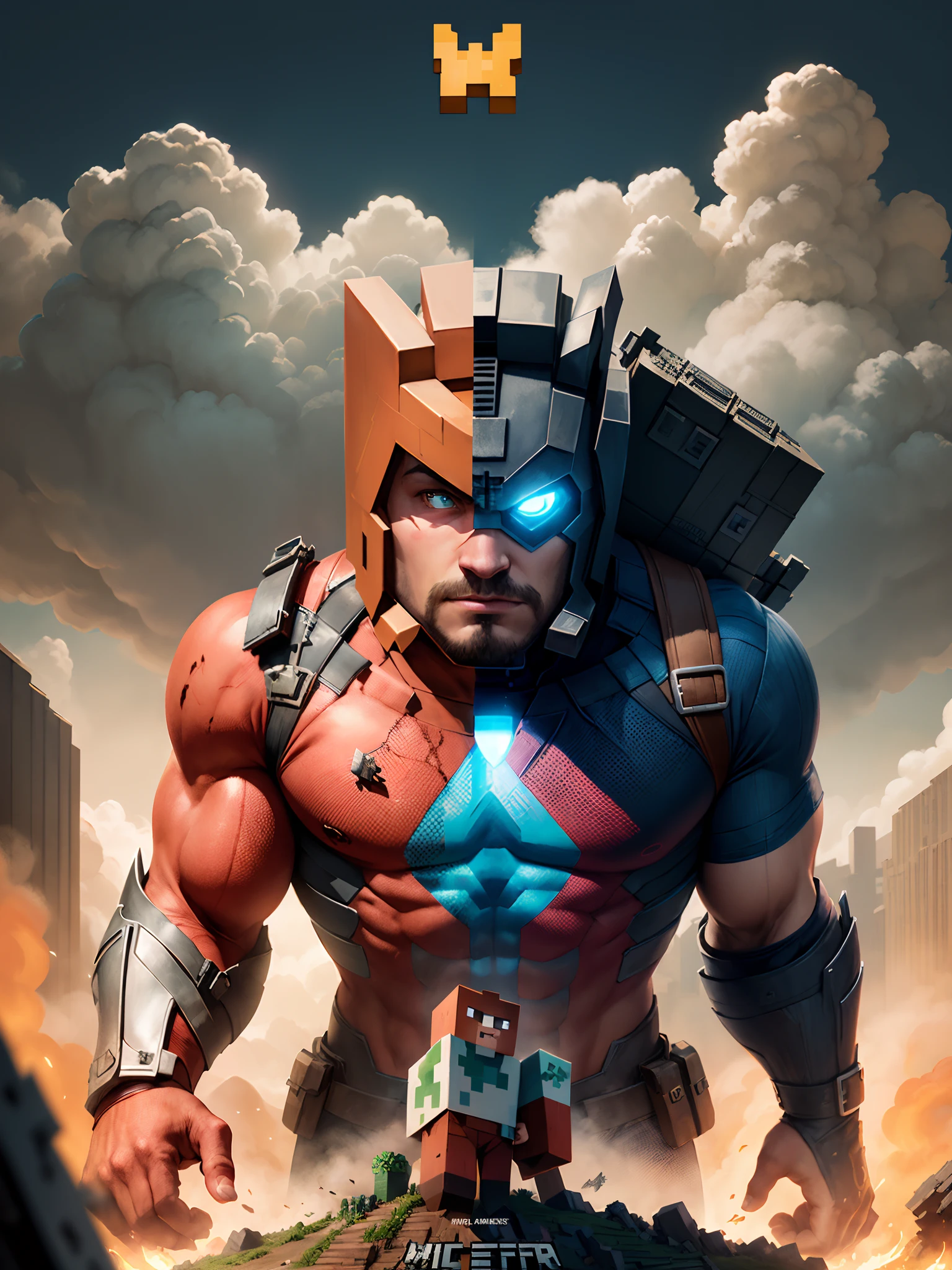 A Minecraft movie poster with a marvel, cinematic theme