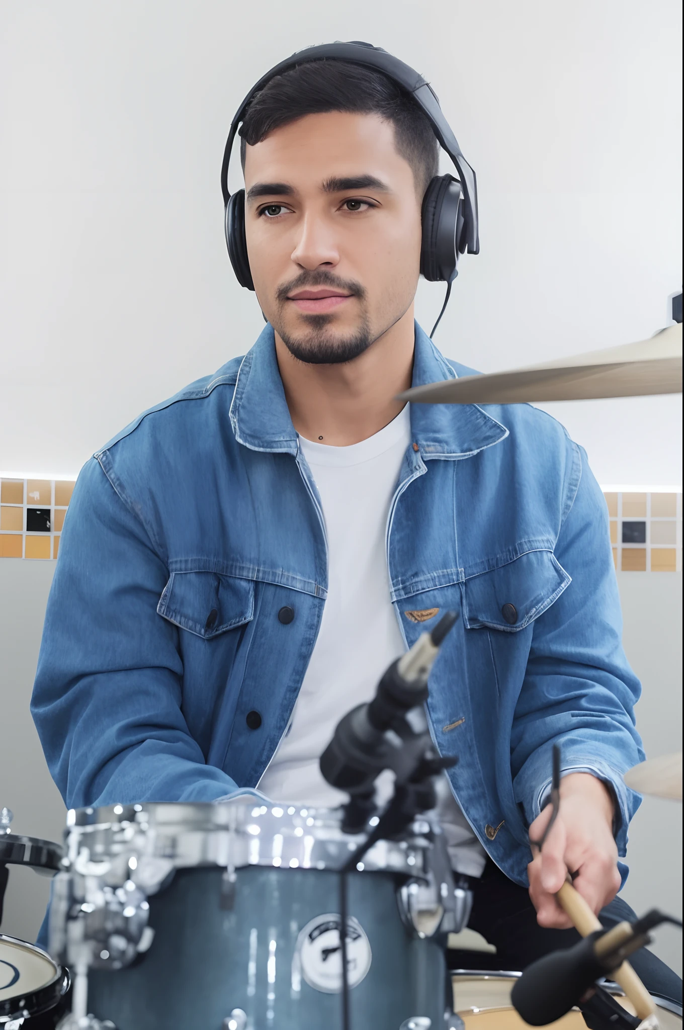 Man in denim jacket playing drums in a recording studio, tocando bateria, baterista, com fones de ouvido, bateria, album photo, jamming to music, music being played, bateria, foto de retrato detalhada, com fones de ouvido, mid riff, bateria, solo portrait 🎨🖌️, danilo torres, imagem do avatar, Miguel Vicente, mid portrait, random artist