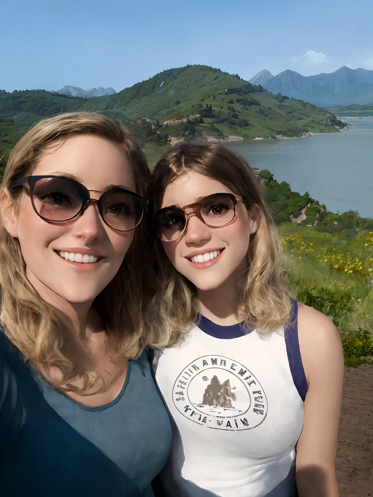 Disney Pixar there are two blond women with brown glasses standing next to each other on a hill, with mountains in the background, high quality