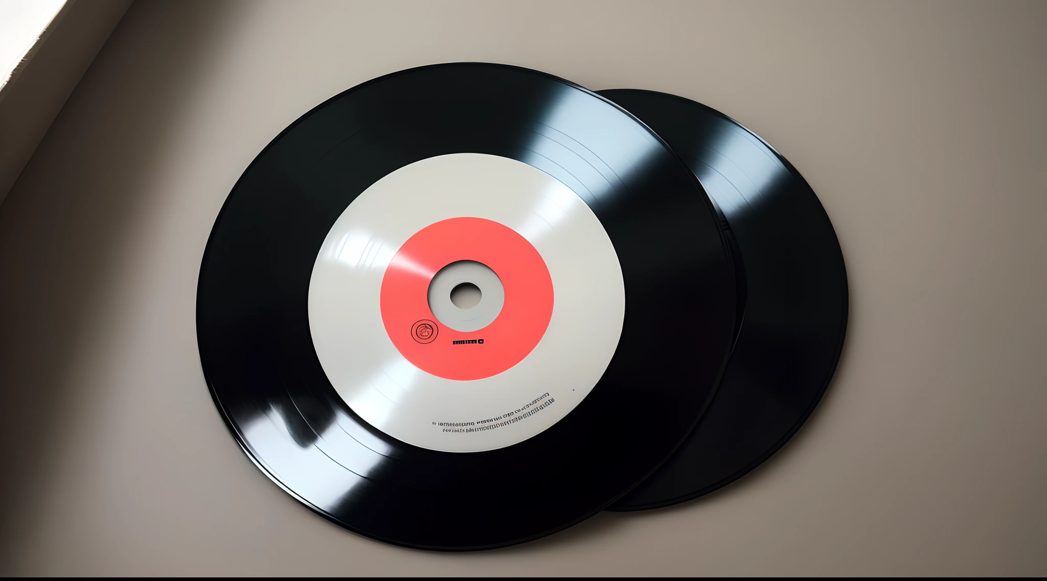 Single flat black vinyl disk in the centre of the screen with misty background